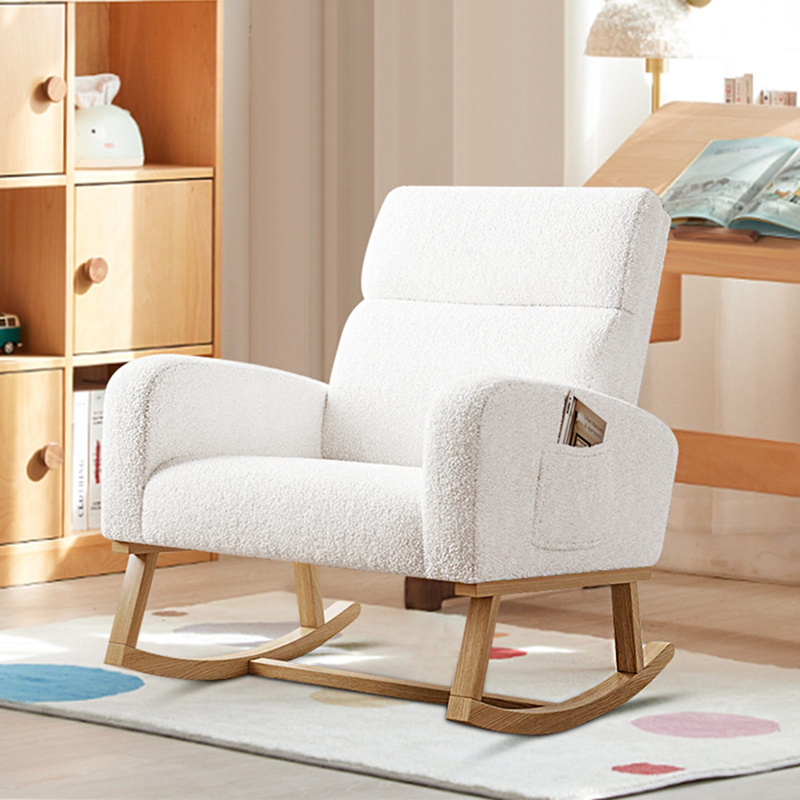 FUROKOY Schaukelsessel Schaukelstuhl mit Massivholzfüßen, für Schlafzimmer (Set, 1-St), 2 Seitentaschen,Teddystoff,Weiß