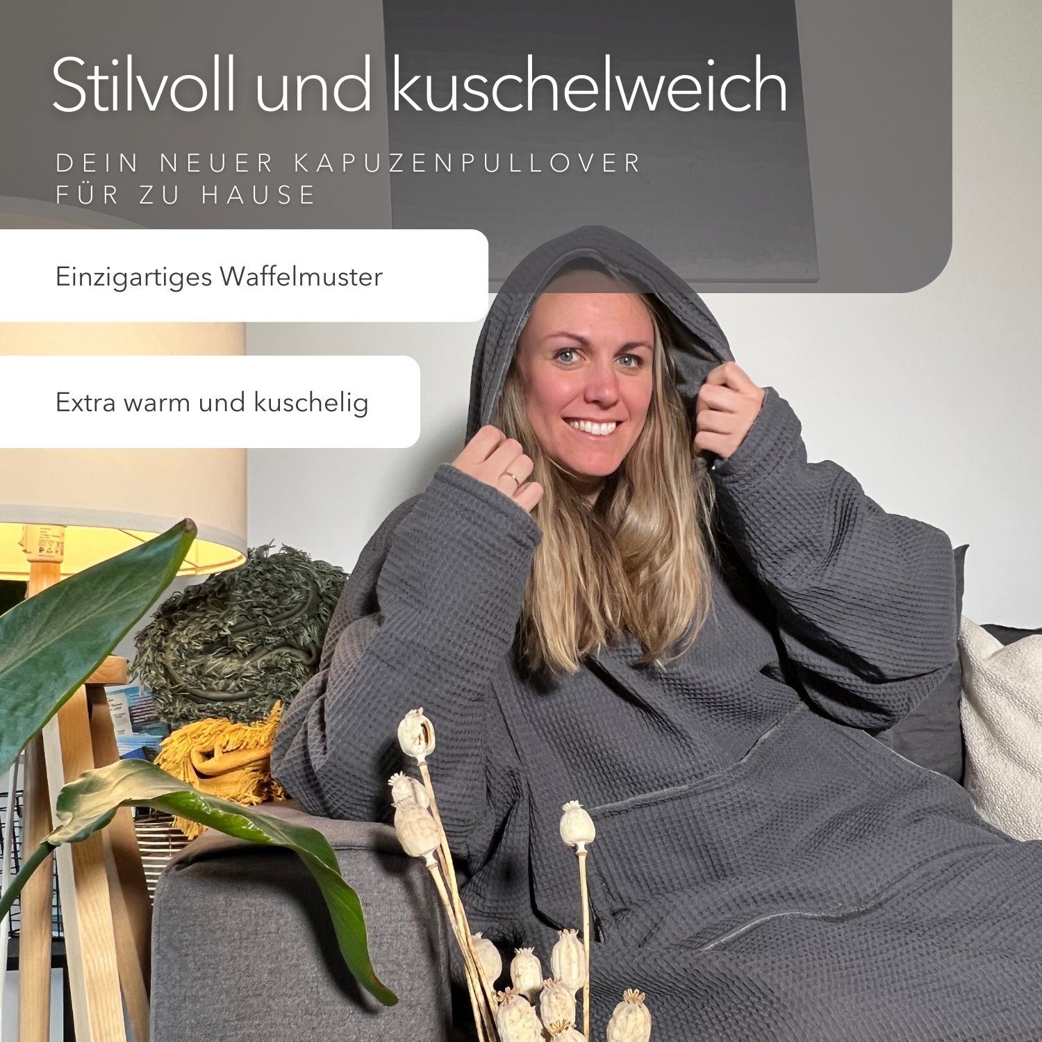 Wohndecke weicher Deckenhoodie, Kapuzendecke, blanketino, in Germany Dunkelgrau, Made Kuschelhoodie in hochwertiger
