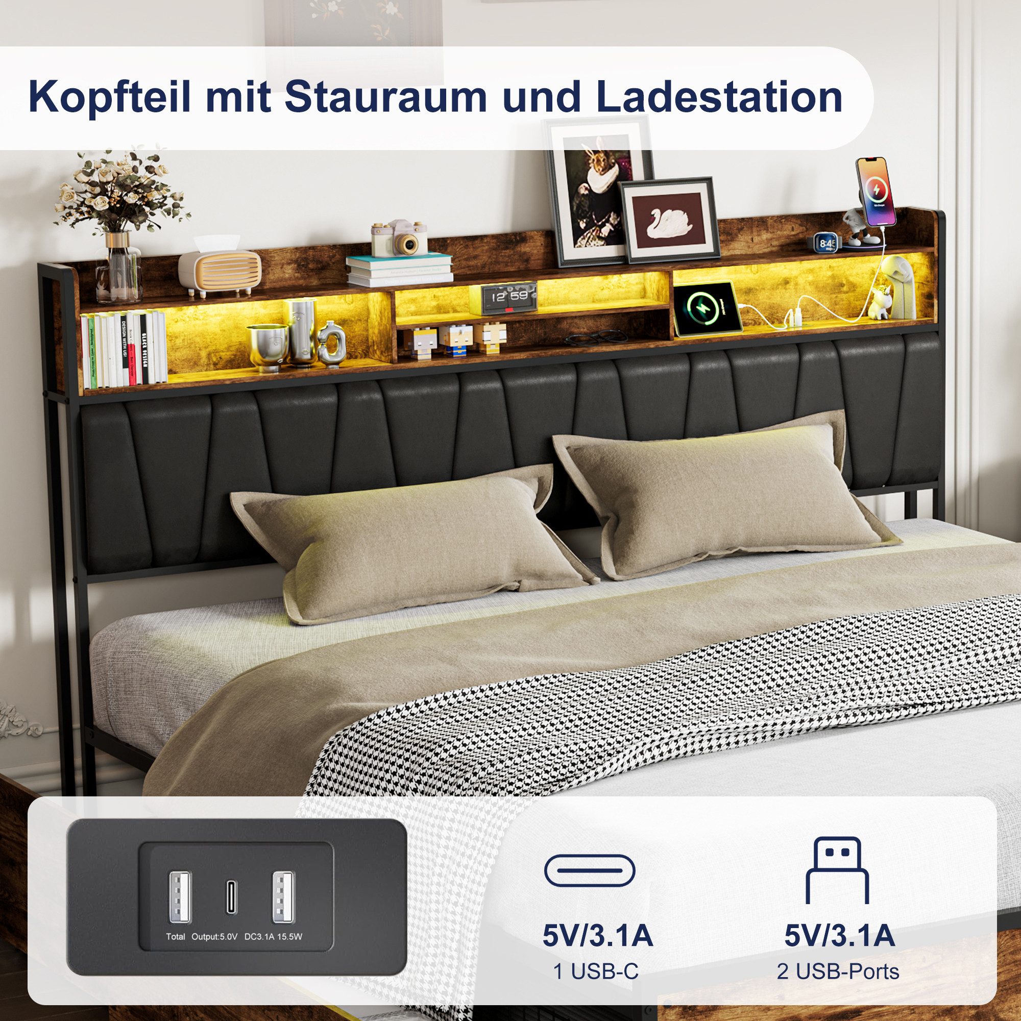 Yelenaro Polsterbett Stauraumbett Doppelbett mit LED-Beleuchtung (Bettgestell mit Kopfteil,Ladefunktion und 4 Schubladen), Metallbett mit USB&Type-C,Jugendbett  – Bild 2 von 5