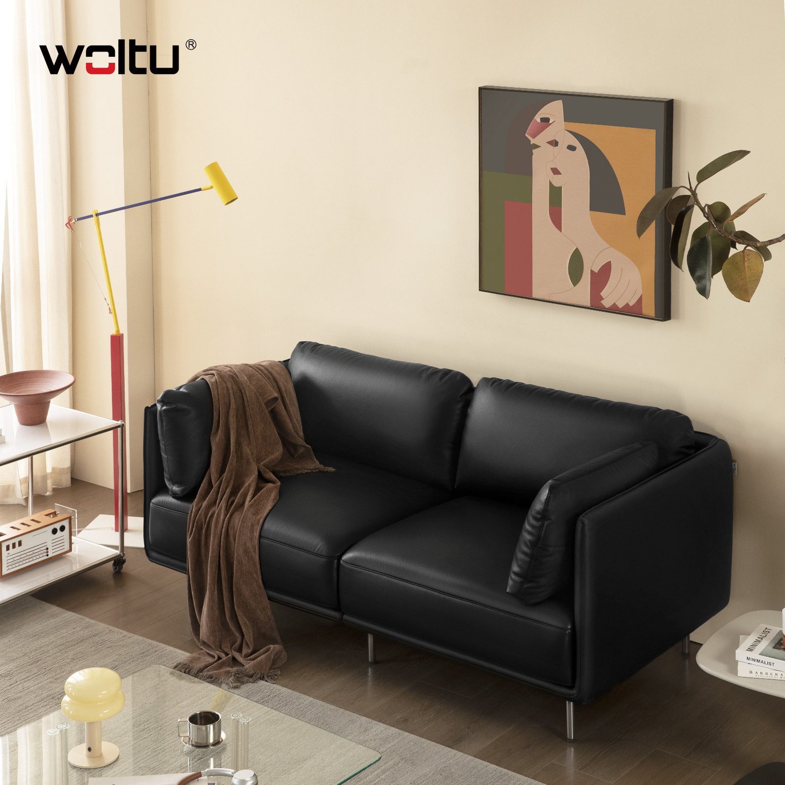 Woltu Sofa, aus Leder, im Bauhaus-Stil, Couch mit 18 cm hohen Füßen