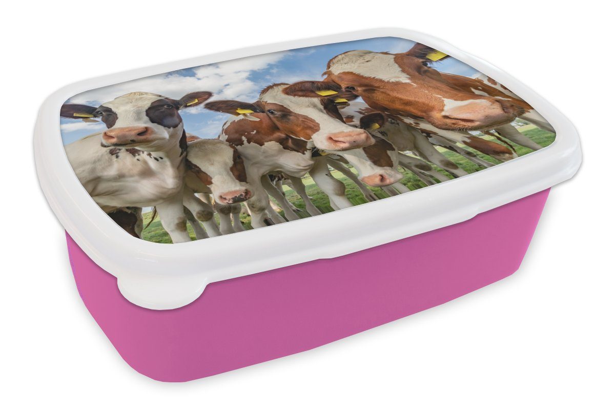 MuchoWow Lunchbox Kühe - Tiere - Wiese - Natur, Kunststoff, (2-tlg), Brotbox für Erwachsene, Brotdose Kinder, Snackbox, Mädchen, Kunststoff rosa | Lunchboxen