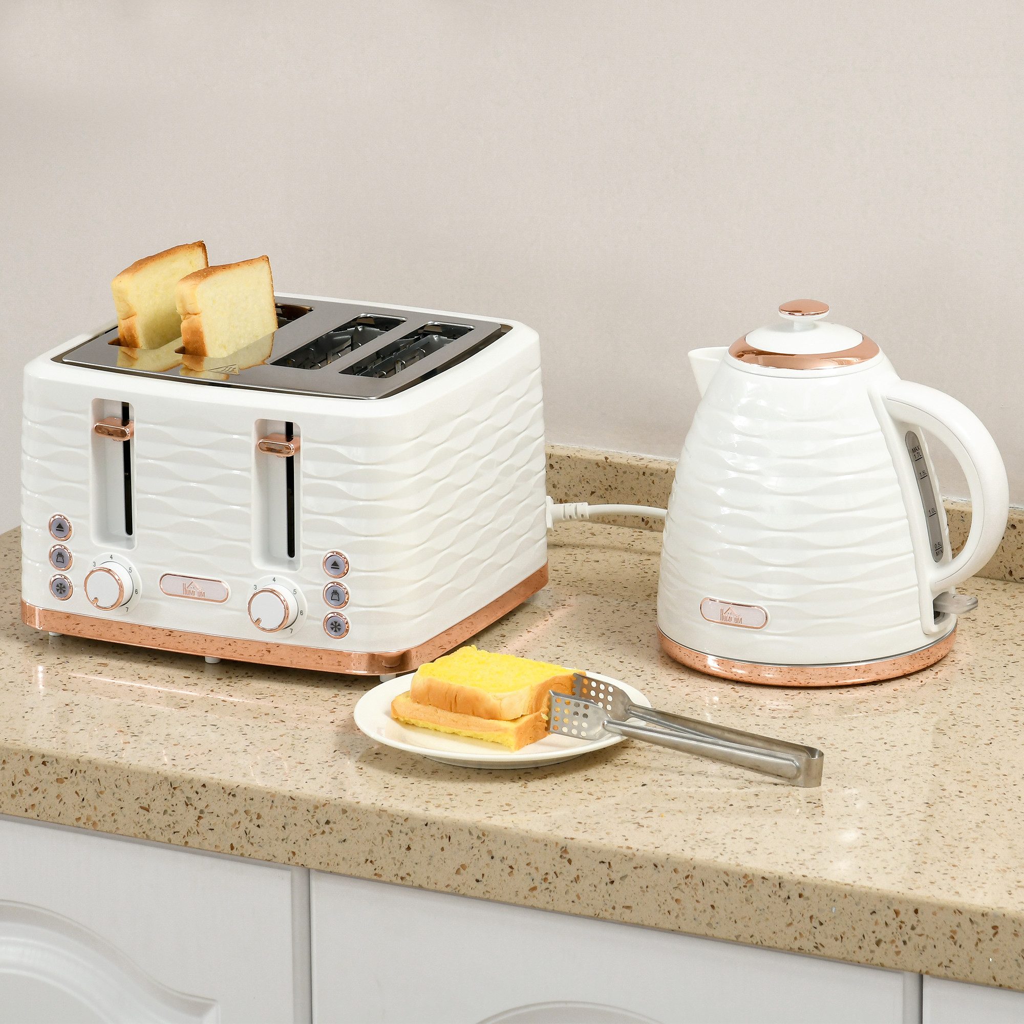 HOMCOM Toaster Wasserkocher Frühstück-Set: 1,7L, 4 Scheiben, 7 Bräunungsstufen, 4 Schlitze, für 4 Scheiben, 2200 W, Auftau-, Aufwärm- und Krümelschublade, Otter-Thermostat, Cremeweiß