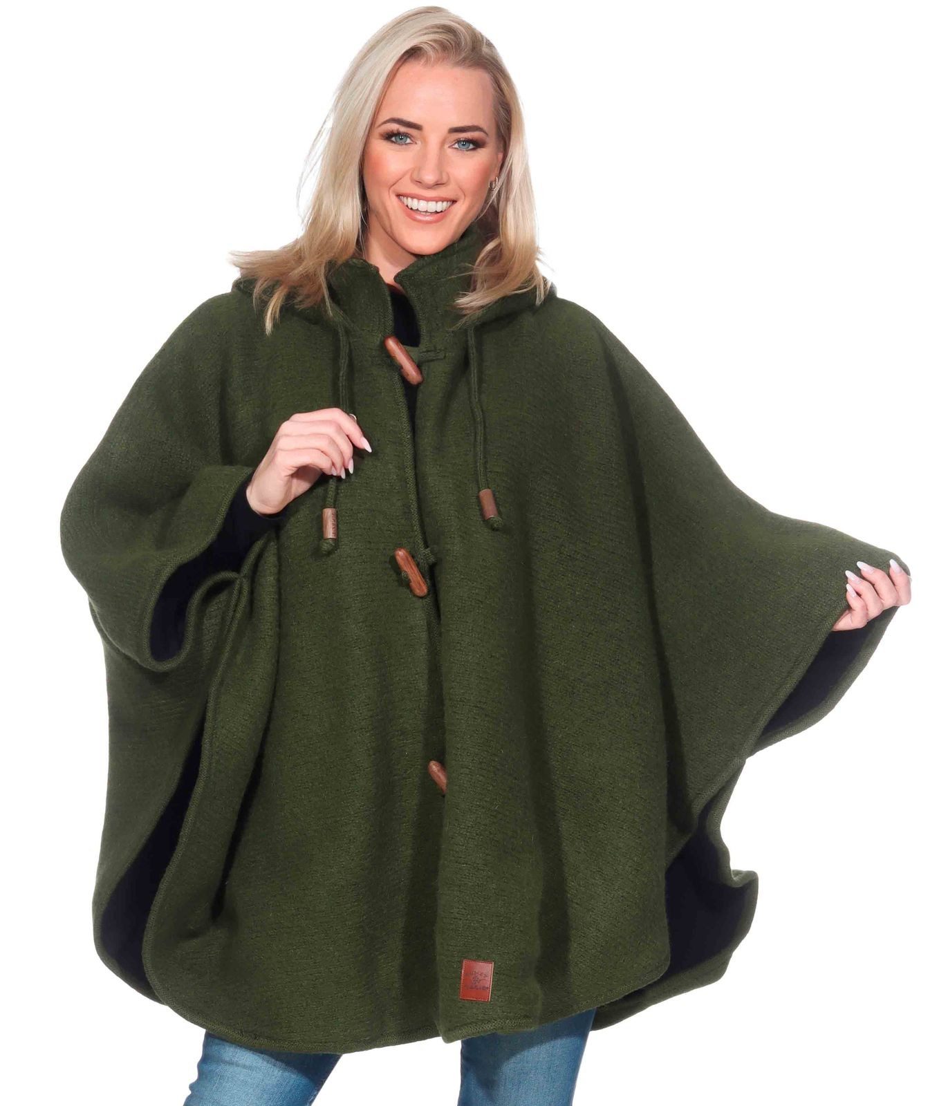 KUNST UND MAGIE Strickcape Strick Poncho+Kapuze Umhang Cape Strickjacke Wolle Jacke Winter Mantel