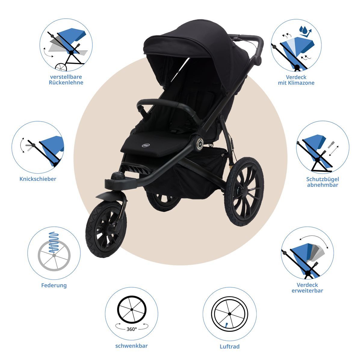 Fillikid Kombi-Kinderwagen Run - Schwarz Melange, Jogger & Sportwagen mit Babywanne, Lufträder & Handbremse - bis 22 kg