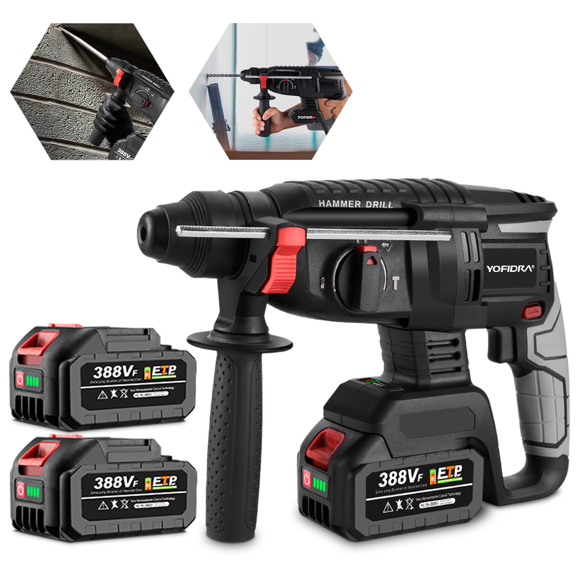 Yofidra Akku-Bohrhammer 4-in-1 Akku-Schlagbohrer SDS-plus mit bürstenlosem Motor, 2 Akku-Set mit Ladegerät – professionell & privat