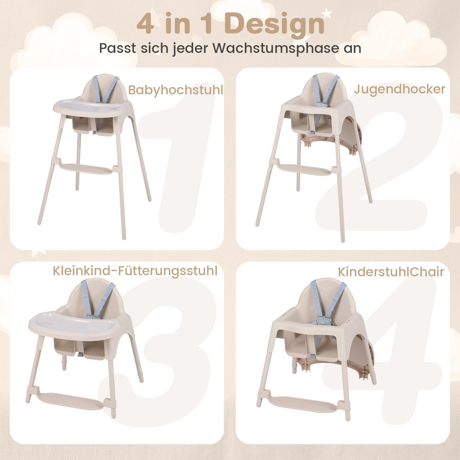 COSTWAY Hochstuhl (1 St), Kinderhochstuhl, 4 in 1 Babystuhl, mit 2 Höhen
