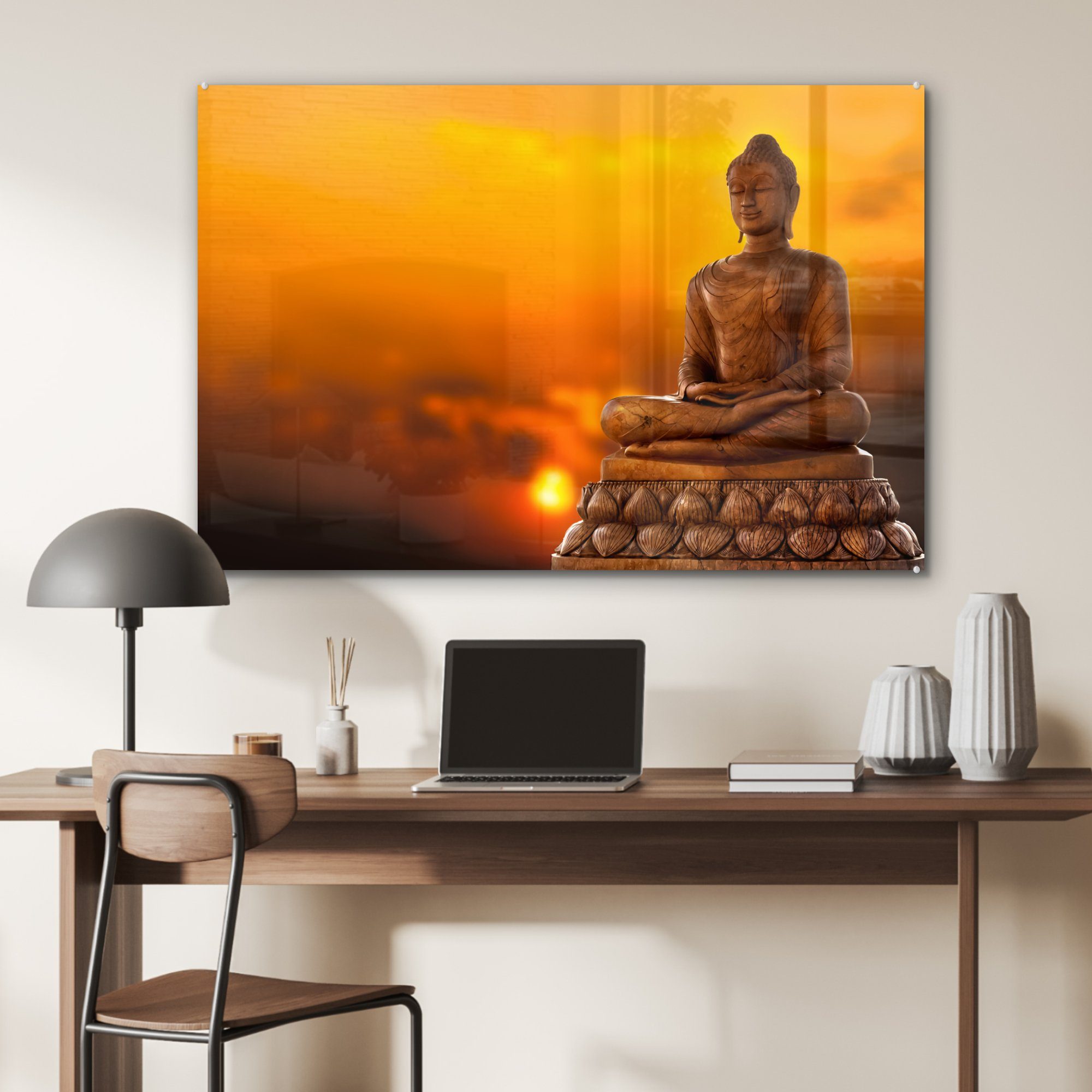 Acrylglasbilder Wohnzimmer (1 & St), Gold Sonne, Acrylglasbild MuchoWow Schlafzimmer - Buddha -