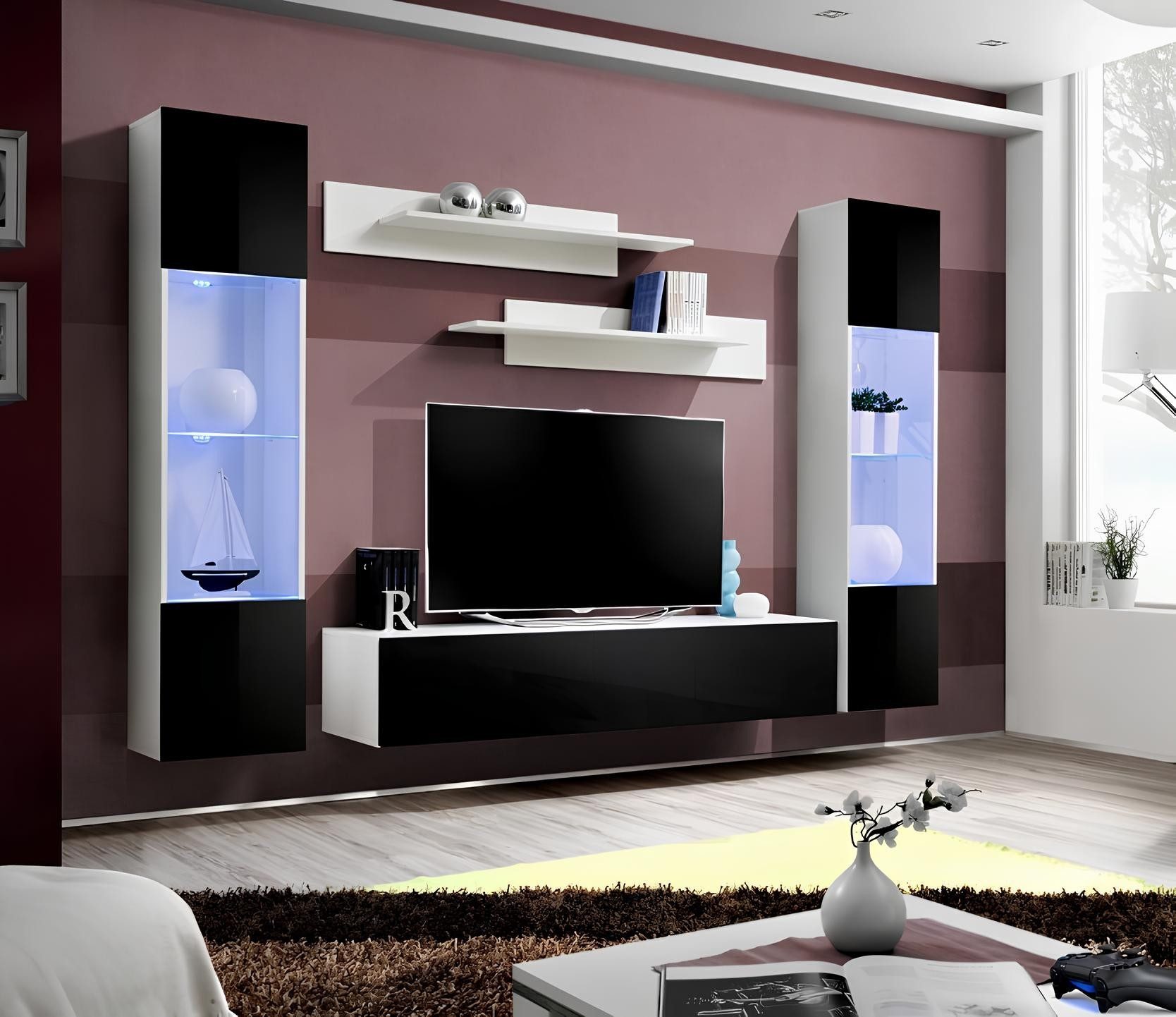 JVmoebel Wohnwand Schwarze Designer Wohnwand aus Holz für modernes Wohnzimmer, (6-St., Wohnwand, 2x Hänge Vitrine, TV Ständer, 2x Wandregal), Made in Europa