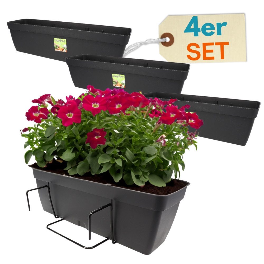GarPet Balkonkasten 4er Set Blumenkasten Balkon Geländer Halterung Wasserspeicher 60 cm