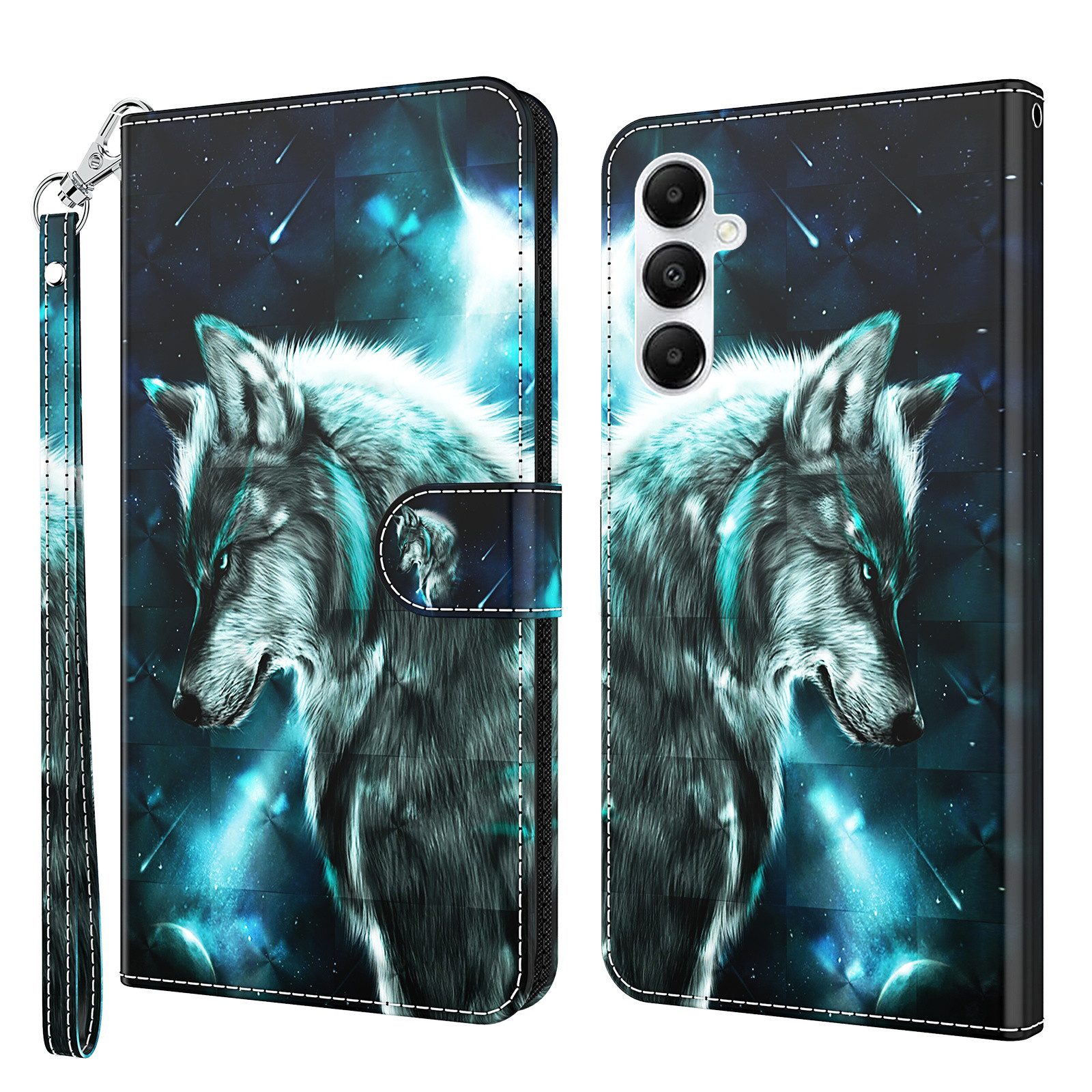 CLM-Tech Handytasche für Samsung Galaxy A16 / A17 5G Hülle aus Kunstleder Klapphülle (Wolf blau schwarz, Handyhülle mit Standfunktion - Wallet Flip Case inklusive Kartenfächer), Cover mit Magnetverschluss