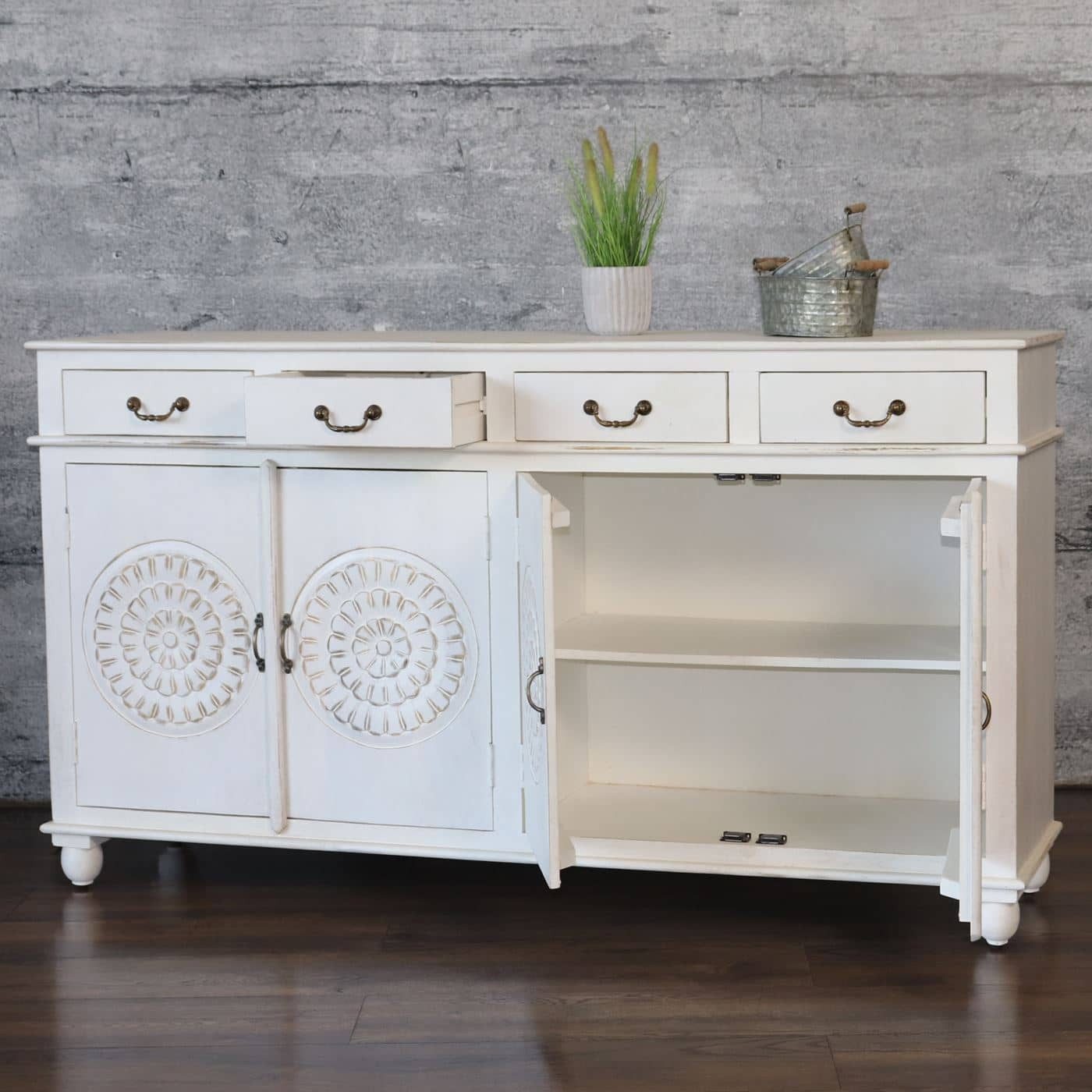 baario Sideboard XXL Sideboard BLATO Shabby Chic, Kommode massiv edles Mangoholz 180cm Schnitzerei