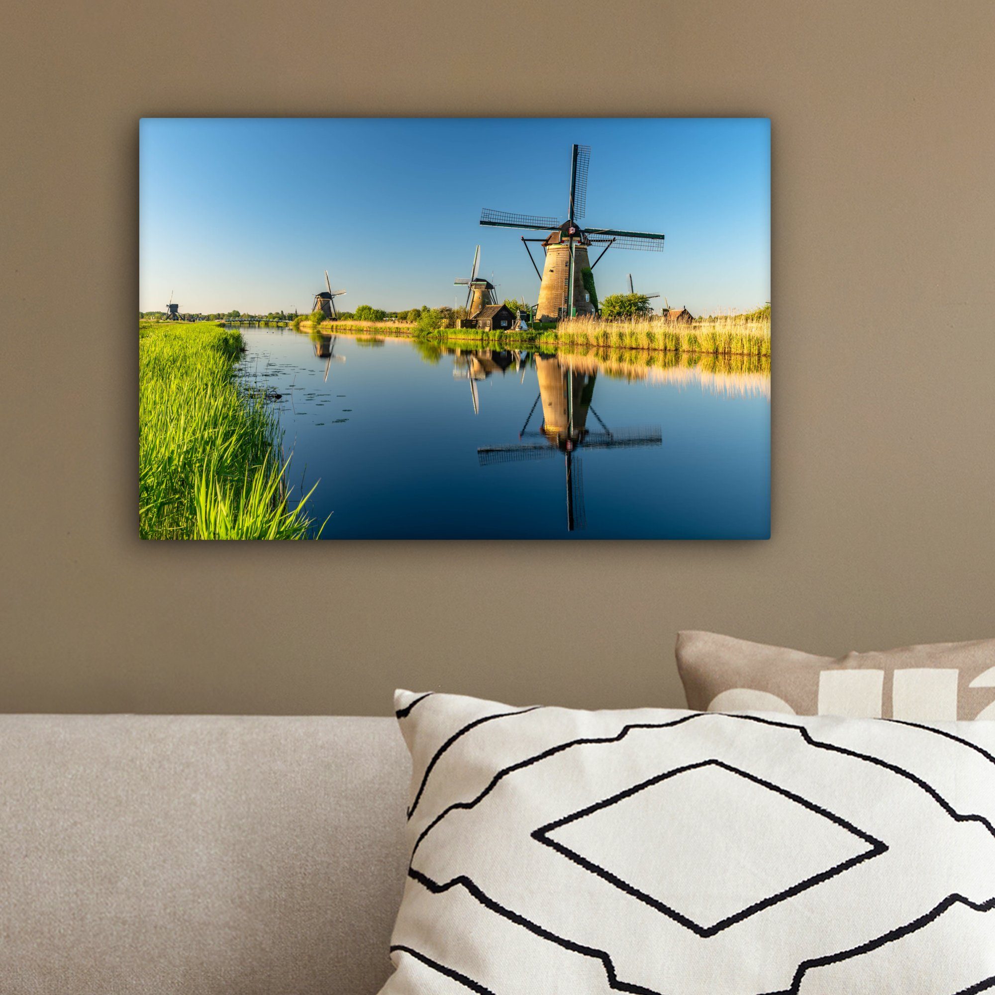 OneMillionCanvasses® Leinwandbild Mühle Niederlande, cm (1 Spiegelung Wasser St), Wanddeko, - Aufhängefertig, - Wandbild 30x20 - Leinwandbilder