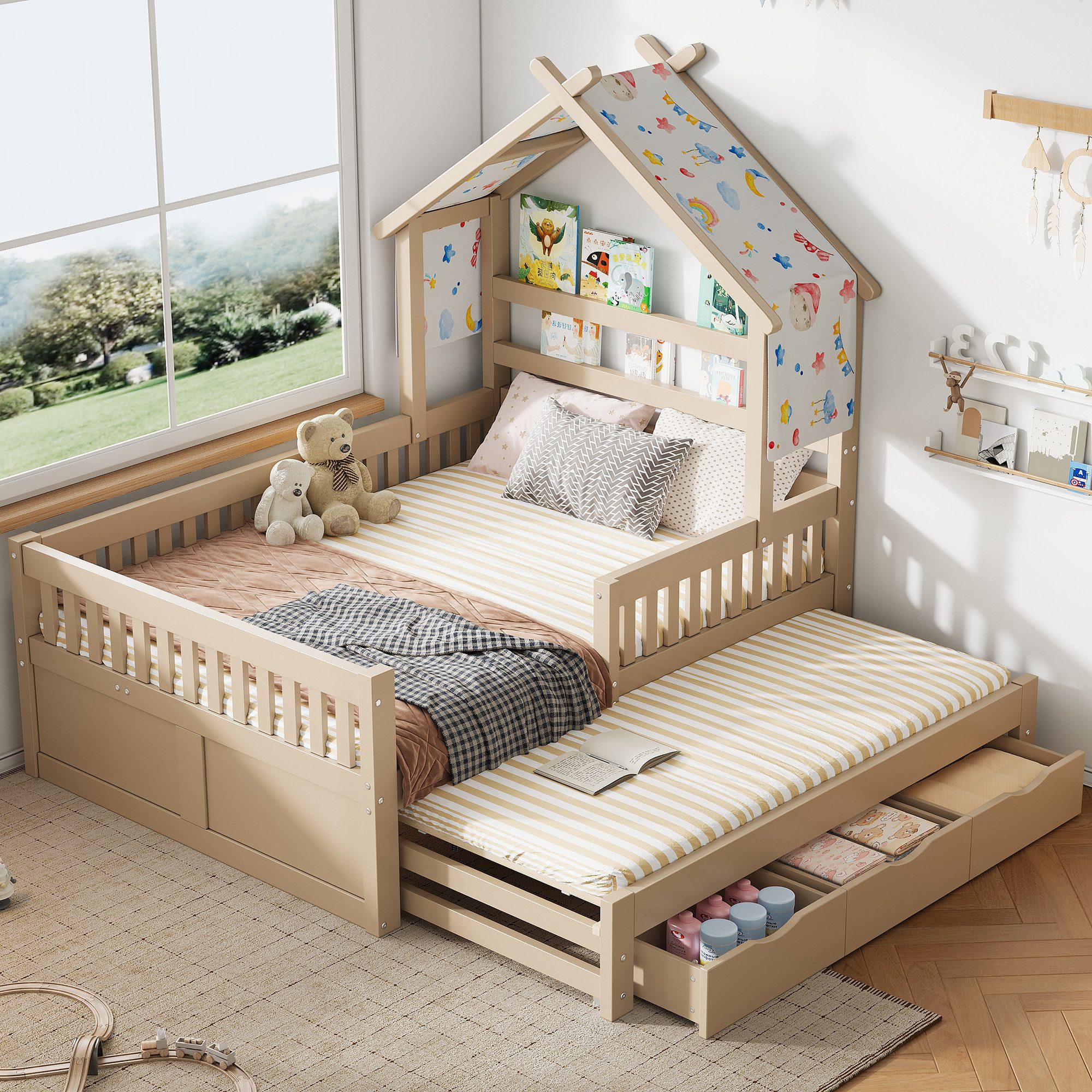Flieks Kinderbett, Massivholz Hausbett 140x200cm mit Ausziehbett 90x190cm & 3 Schubladen