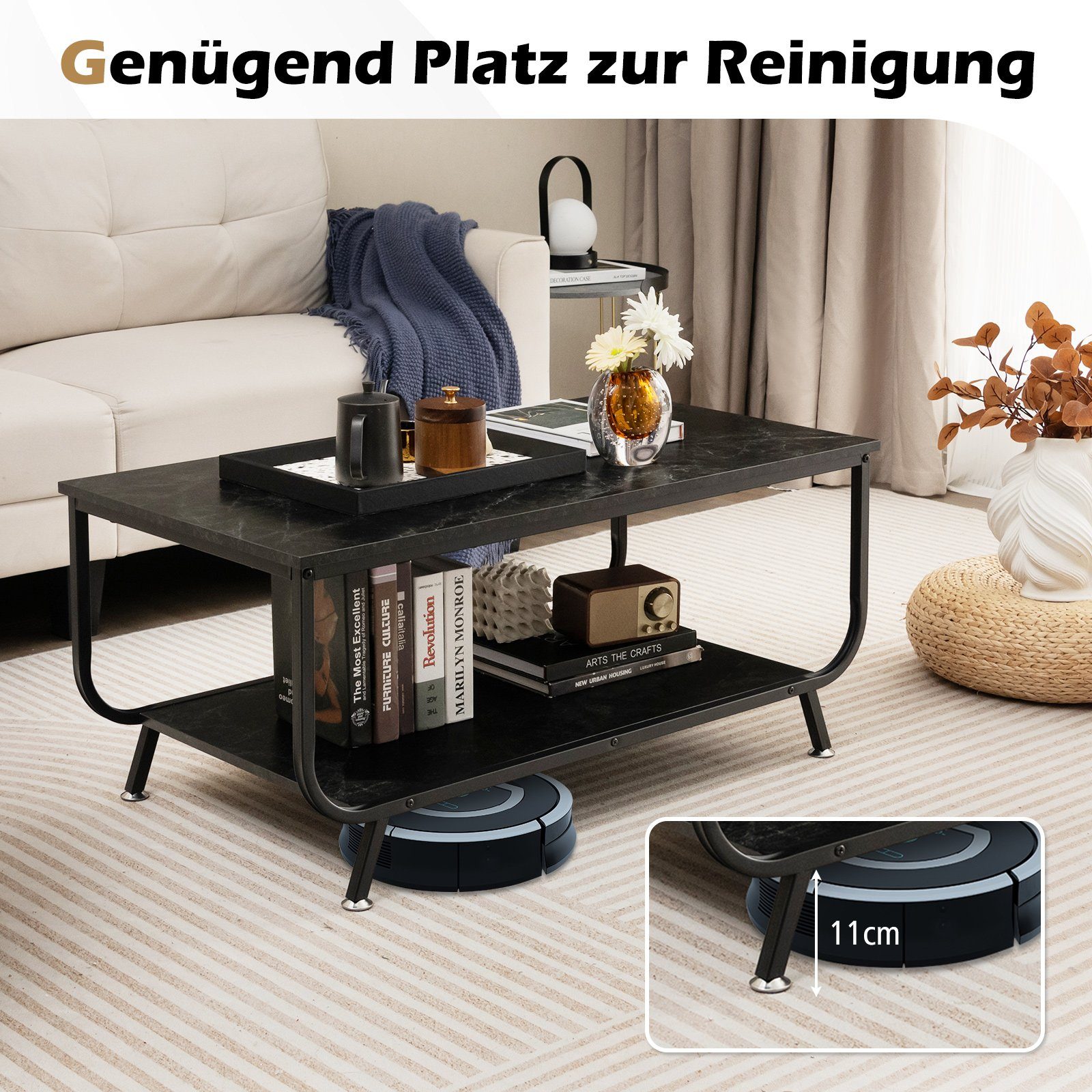 COSTWAY Couchtisch, Marmor, rechteckig, mit Stauraum, 105x55x46,5cm, schwarz