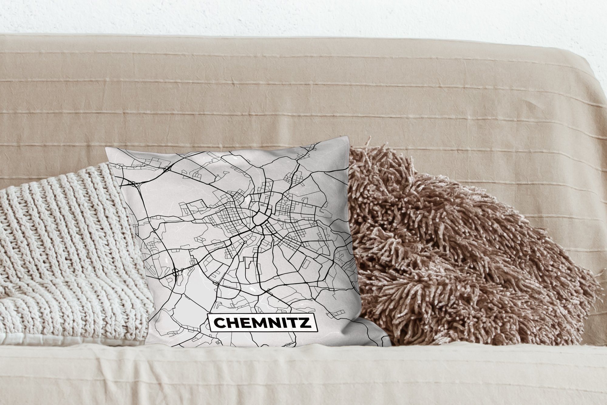 MuchoWow Dekokissen Karte - Karte - Deutschland Sofakissen mit Chemnitz, für Deko, Füllung von Schlafzimmer, Wohzimmer, Zierkissen
