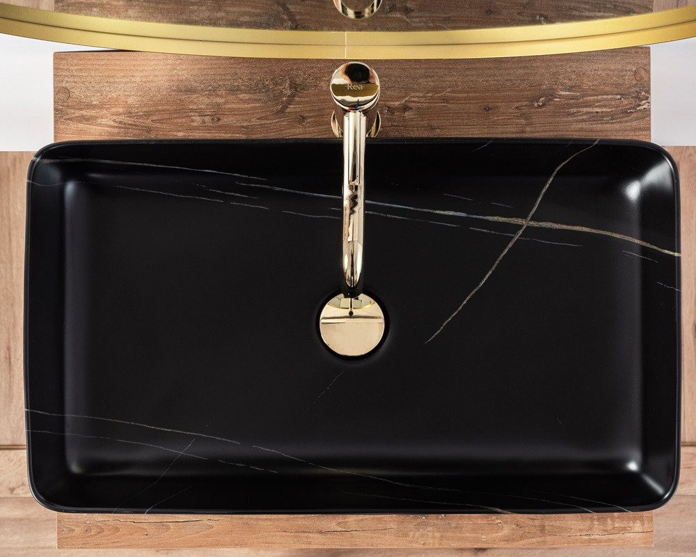 wohnwerk.idee Aufsatzwaschbecken Waschbecken Waschbecken Marmor Optik Schwarz Matt Denis 61,5x35cm