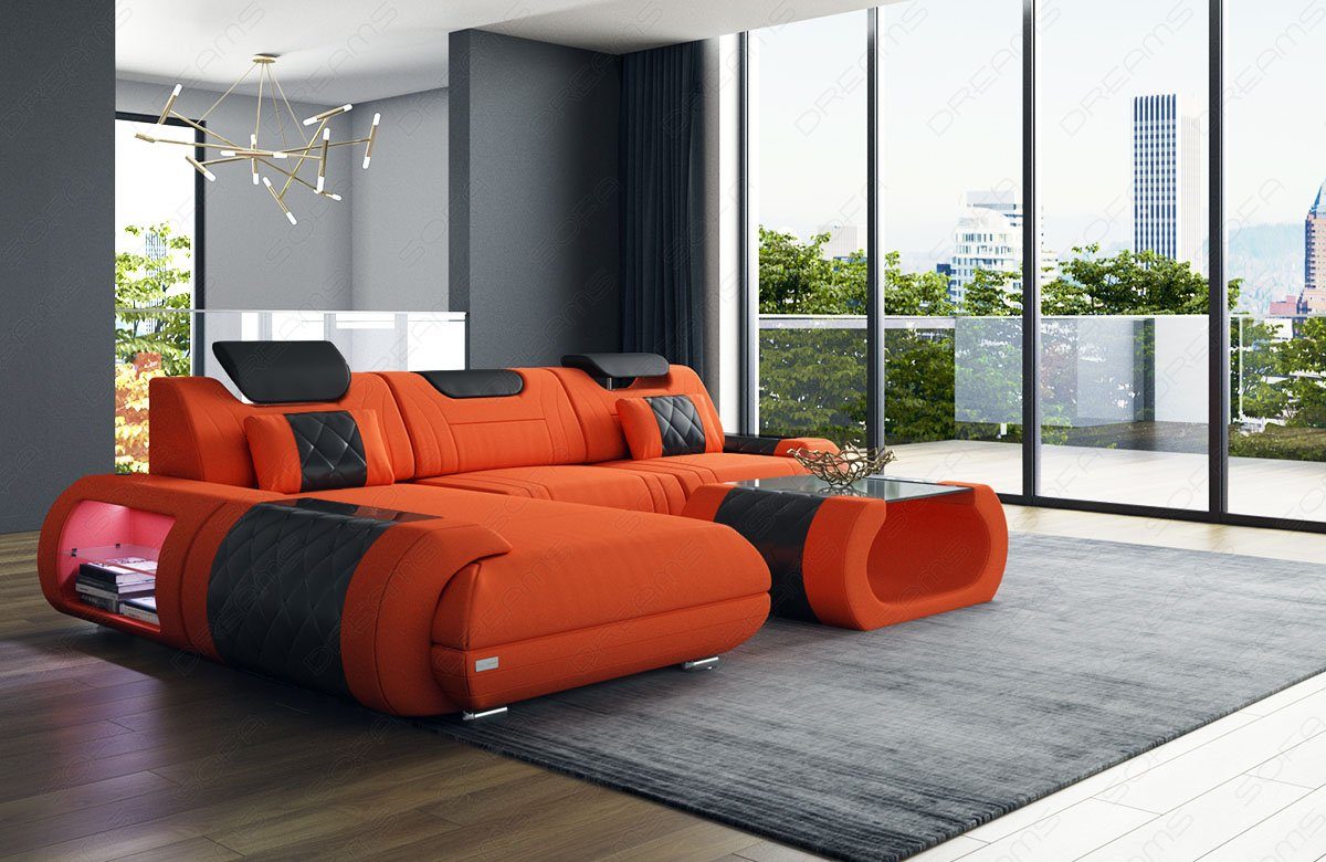 Dreams Sofa, orange-schwarz Stoff Stoffsofa mit Ecksofa Couch Bettfunktion wahlweise Rimini Polster Sofa Form L M Mikrofaser
