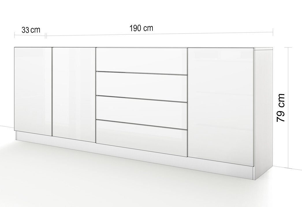 borchardt Möbel Sideboard Vaasa, Kommode mit 3 Türen und 4 Schubkästen auf Kugelführungen, Breite 190 cm