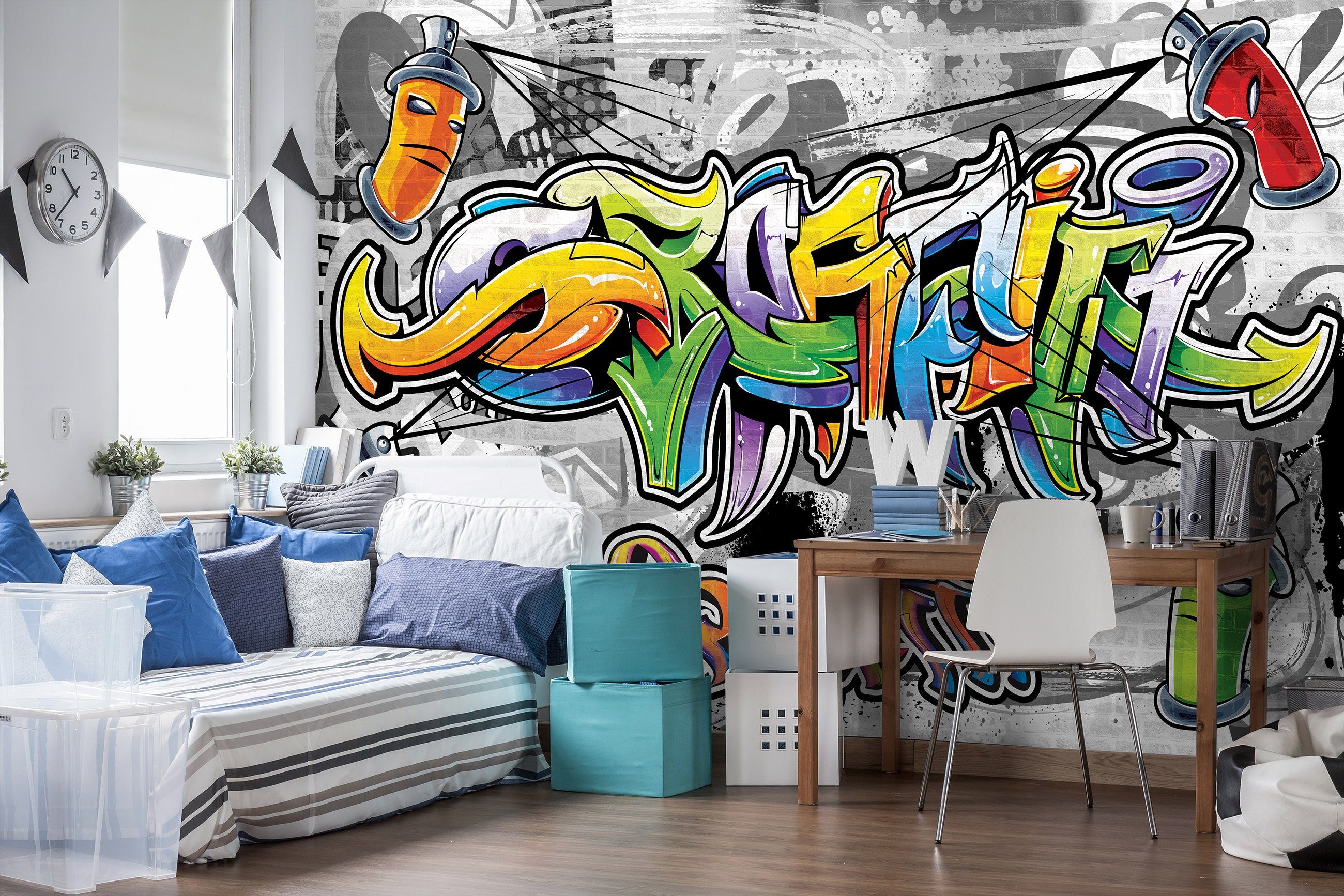 Tapete Kleister Vlies Vliestapete Vliestapete Modern Glatt, Motivtapete, Kinderzimmer Wandtapete Jumgenzimmer inklusive für Jungen Graffiti, Fototapete Wallarena Graffiti Streetart Ziegel