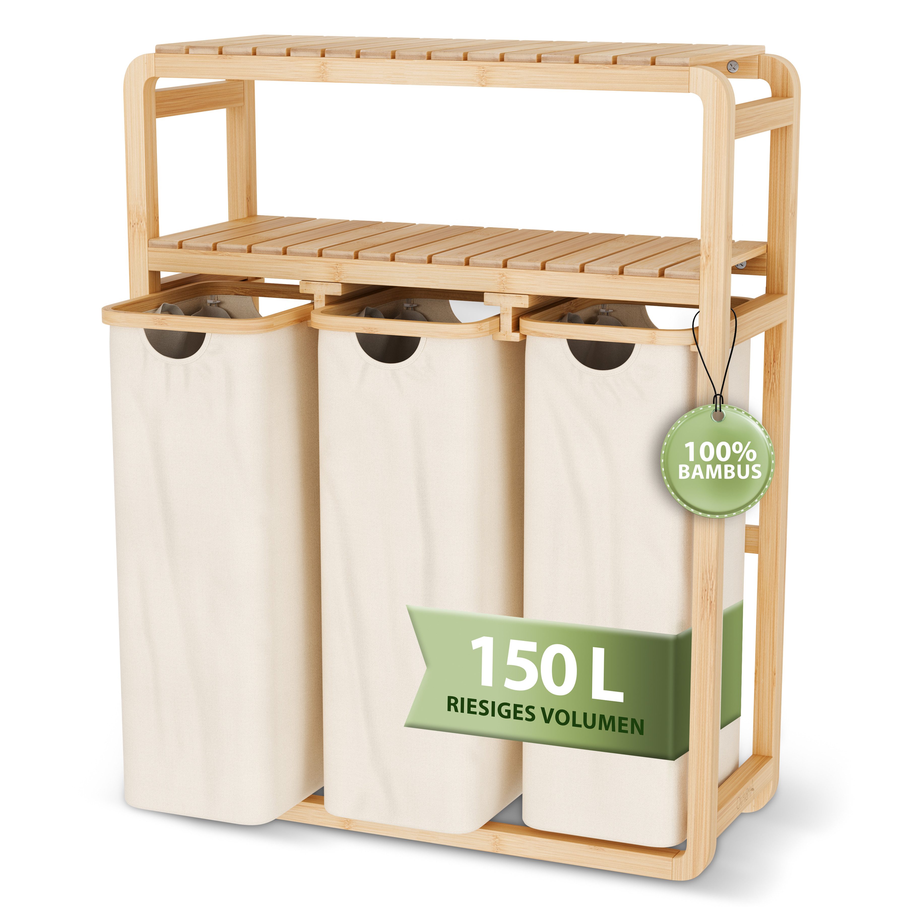 AMBIAVO Wäschekorb 3 Fächer mit waschbaren Baumwollsäcken, 150 L Volumen, stabiler 3x3 cm Bambusrahmen, innovatives Design