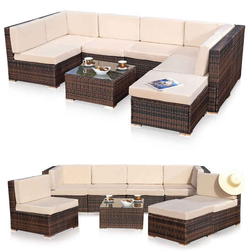 Feel2Home Gartenlounge-Set Gartensitzgruppe Terrassenmöbel Polyrattan Lounge versch. Farben, (8-tlg., 1x Mehrteiliger Sofa 1x Ottomane 1x Tisch), Kissen inkl. Reißverschluss daher abnehm- und waschbar