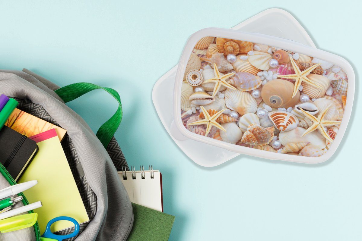 MuchoWow Lunchbox für Brotdose, Jungs - - und Perlen Muscheln Brotbox und (2-tlg), Strand, Mädchen Seesterne Kinder weiß für - Kunststoff, Erwachsene