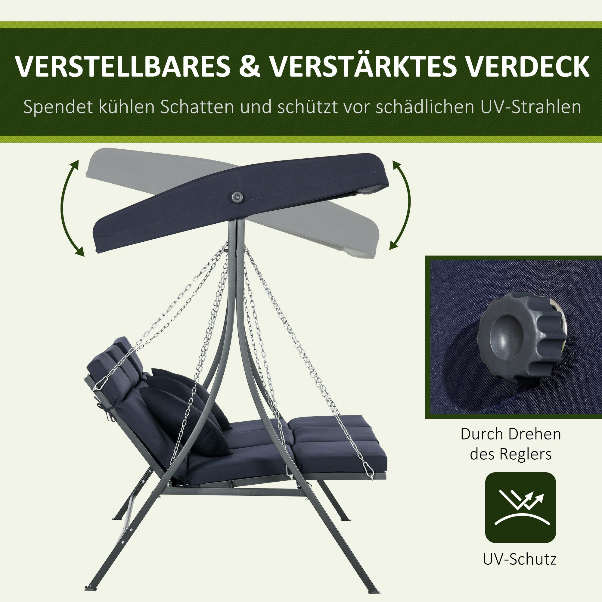 Outsunny Hollywoodschaukel Schaukelbank, Gartenschaukel mit Kissen, 270 kg Belastbar, 3-Sitzer, Verstellbares Dach, Schaukelstuhl, 1 tlg., Schaukelbank, für Gar – Bild 4 von 5