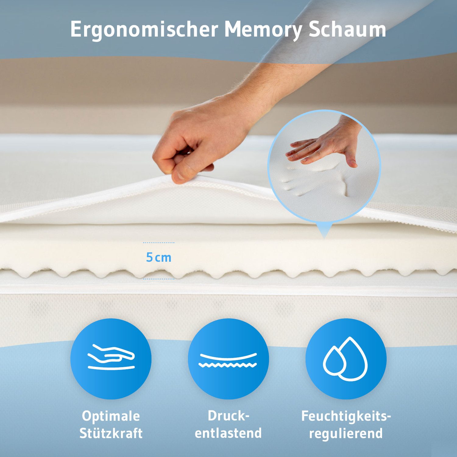 Third of Life, Topper Matratzentopper AERO ActiveClima - atmungsaktive Komfortauflage, 5 cm hoch, 100% hochwertiger Memory Schaum, Atmungsaktiv, feuchtigkeitsregulierend, stützend, hygienisch