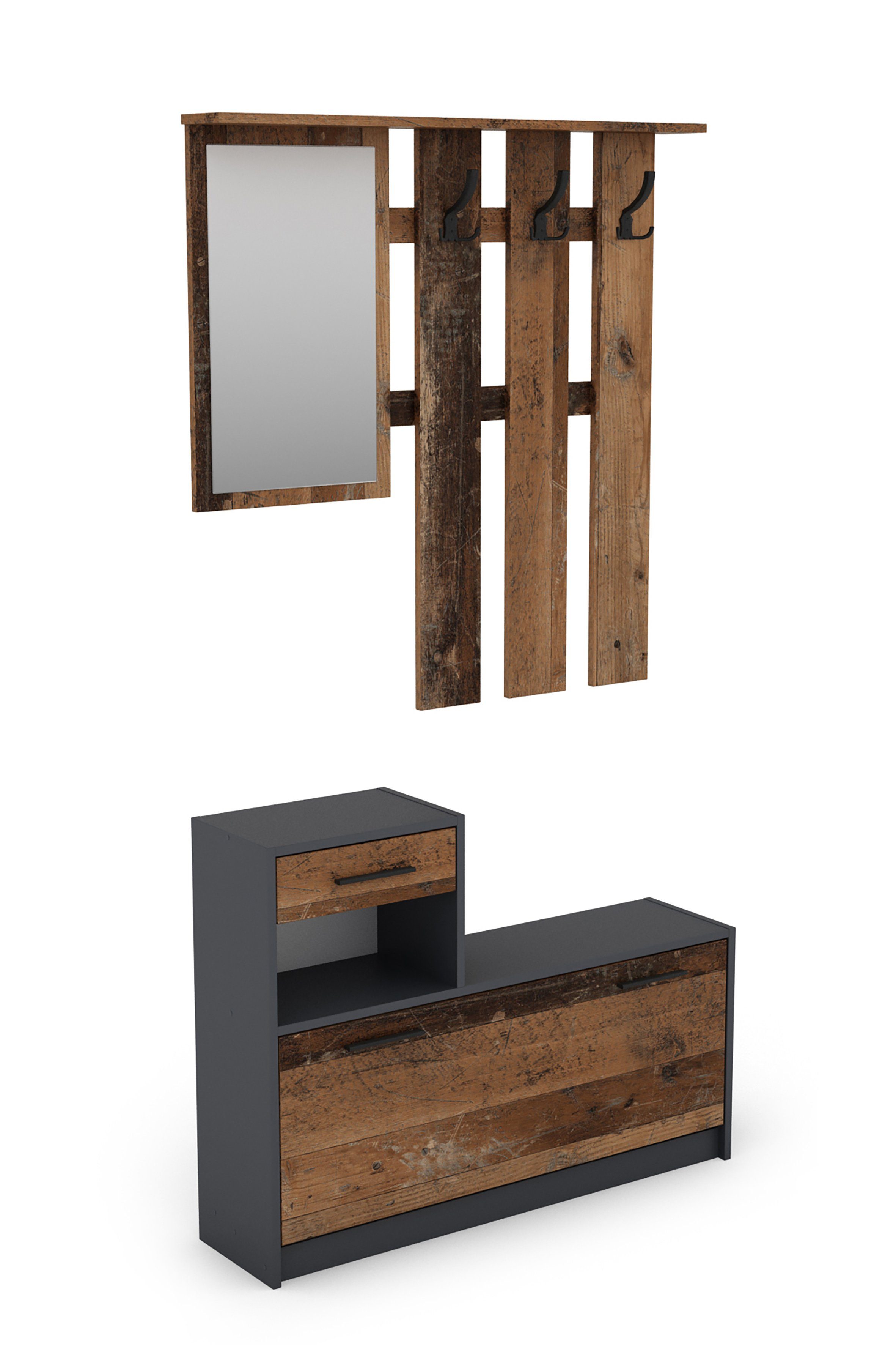 byLIVING Garderoben-Set TAMINA, (in Anthrazit/Old-Wood-Optik oder Weiß/Beton-Optik), Viel Stauraum für Schuhe, mit drei Kleiderhaken, mit Spiegel