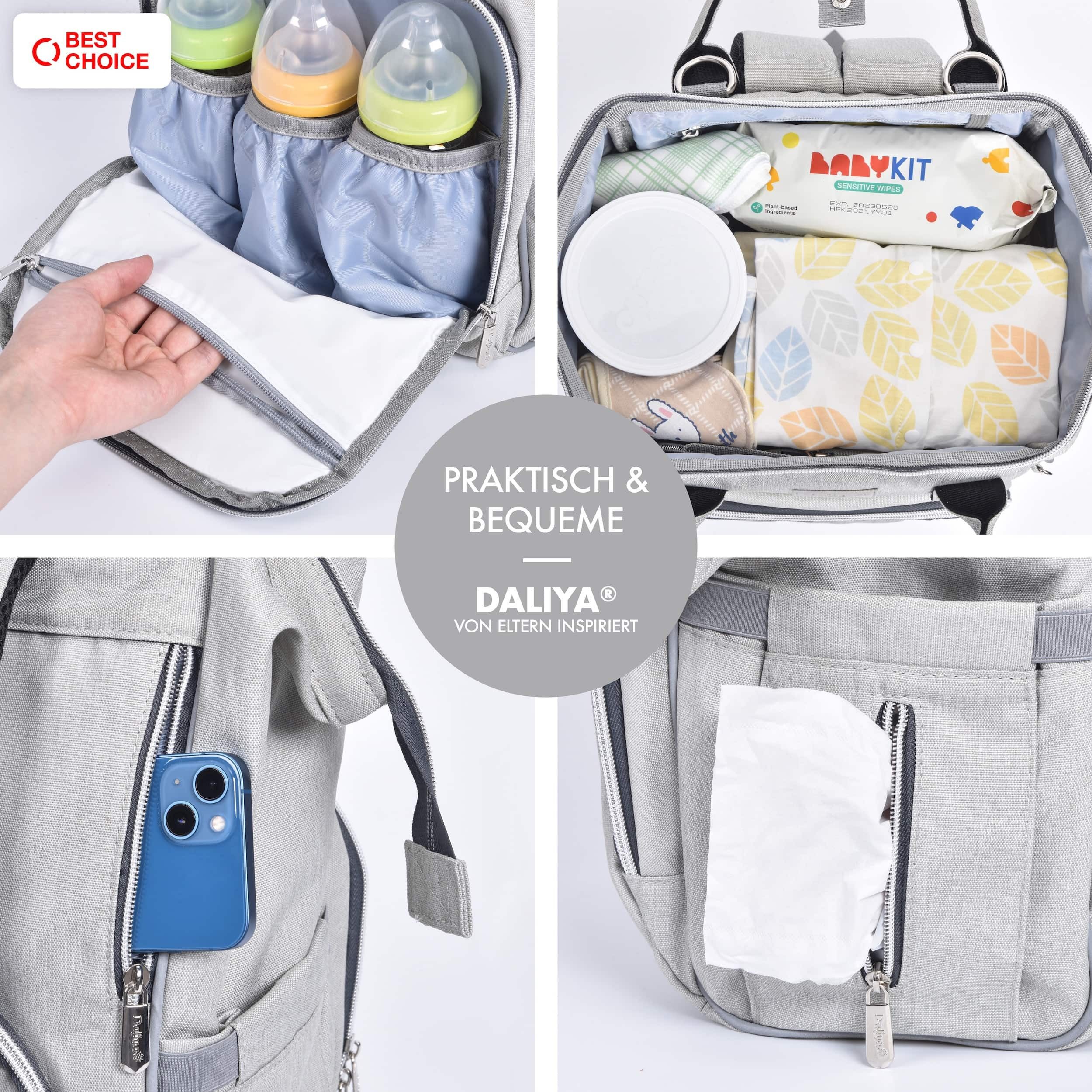 Daliya® Wickeltasche PAKMI Wickelrucksack, Kinderwagentaschen, Mamabag (Set, 5-tlg., Befestigungsriemen), Thermofächer, Schnuller Aufbewahrung, Wickelunterlage, hochwertig