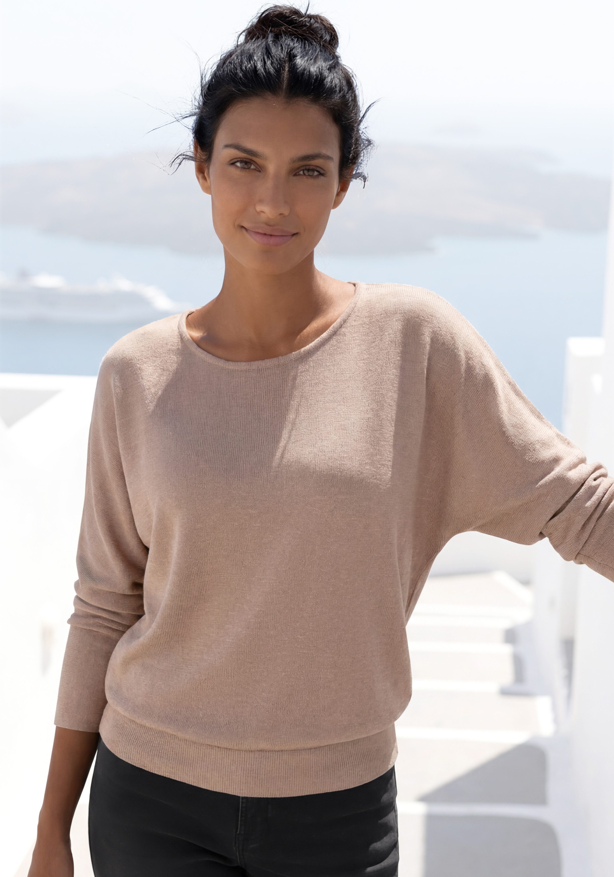 Vivance by Lascana Langarmshirt mit breitem Bund aus strukturiertem, luftigem Feinstrick mit Viskose