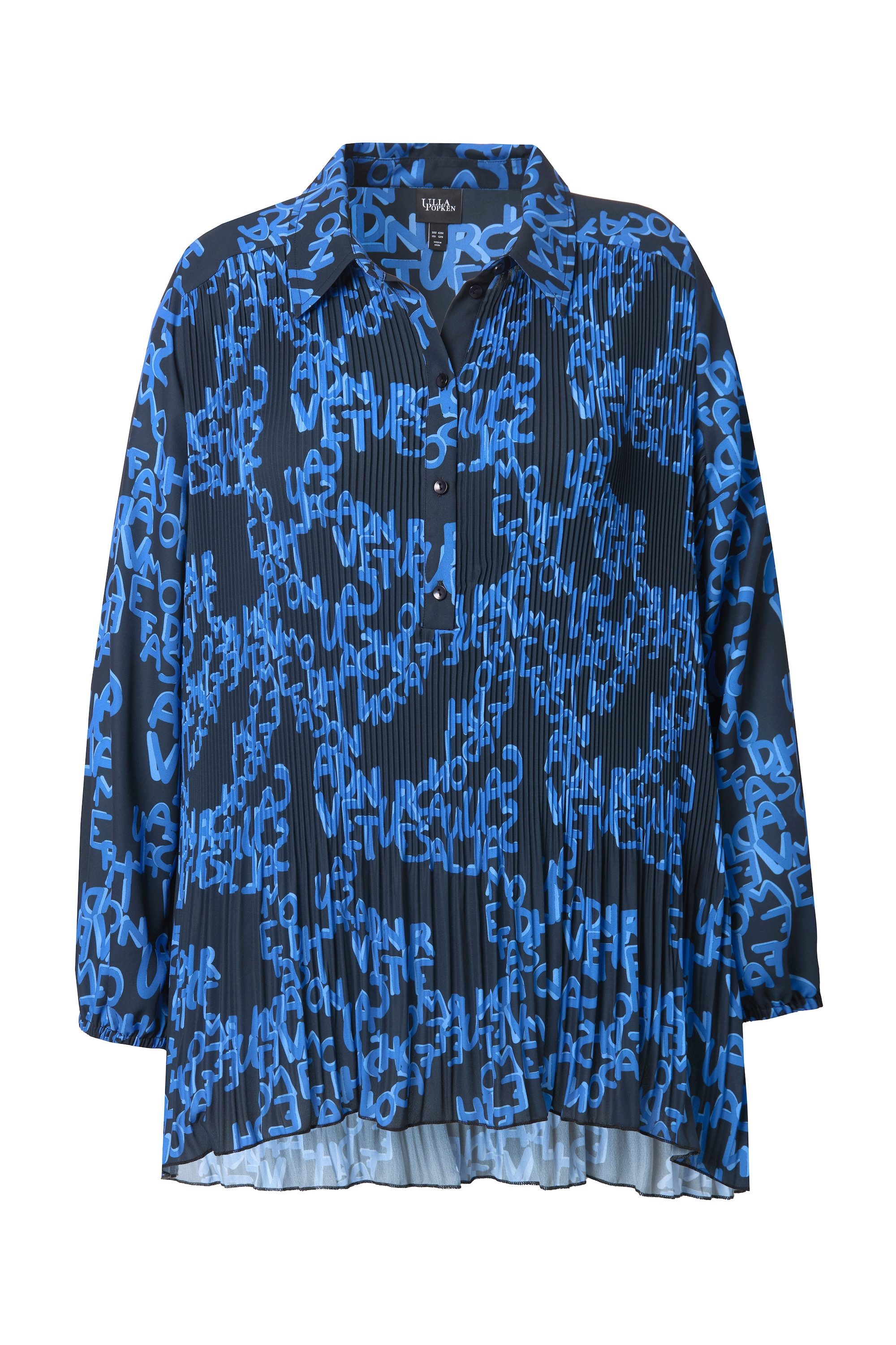 Ulla Popken Longbluse Plissee-Bluse Schriftmuster A-Linie Hemdkragen günstig online kaufen