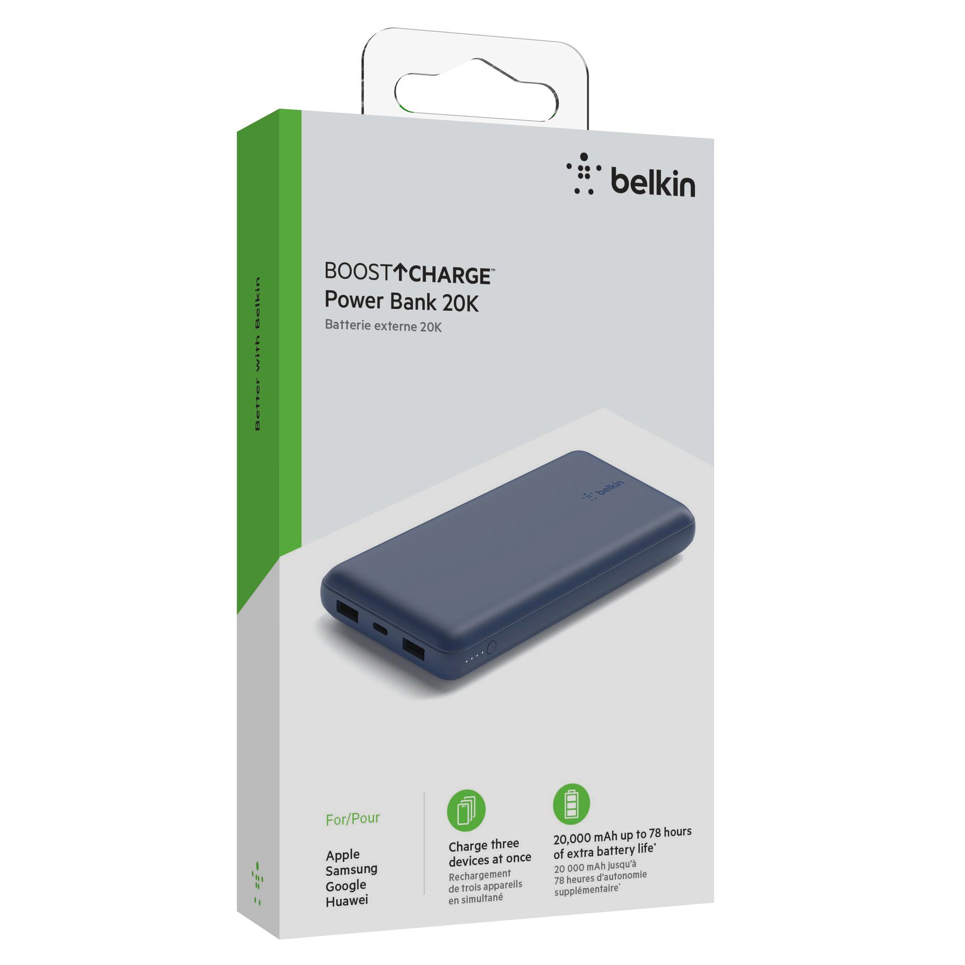 bis Powerbank zum Belkin 2x USB-A, Watt 3 Power 20.000mAh für Powerbank, zu Geräten von blau 78 1x Laden BoostCharge USB-C, 15 Stunden
