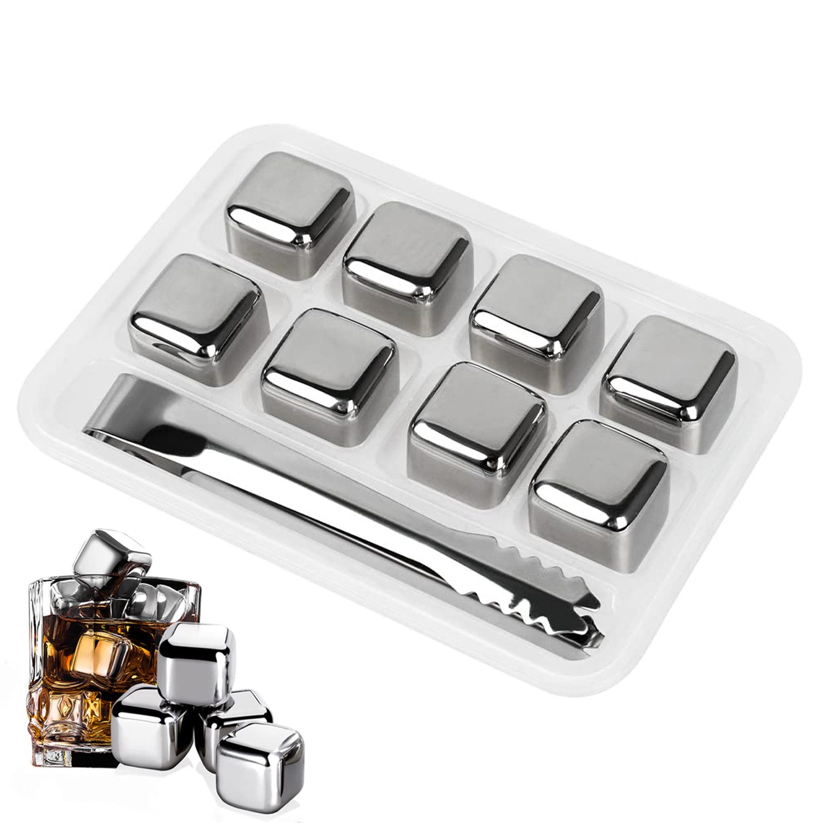BlingBin Eiswürfel-Steine 8er Set Whisky-Steine aus Edelstahl, wiederverwendbare, mit Zange, Edelstahl-Kühlsteine für eisgekühlt Whisky,Wodka,Likör, Getränke Saft