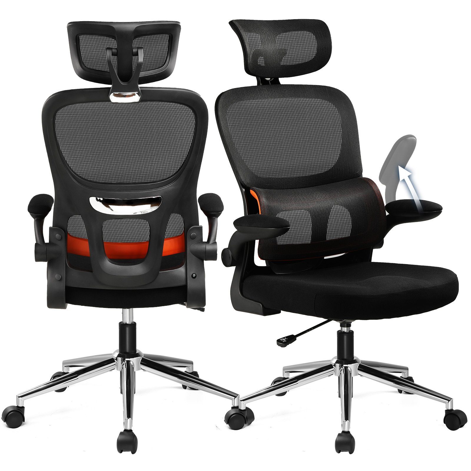 ergonomischer Armlehne Chefsessel hochklappbare COMHOMA breiter W-Form mit Kopfstütze, verstellbare Bürostuhl Lendenwirbelstütze, Schreibtischstuhl Sitz,