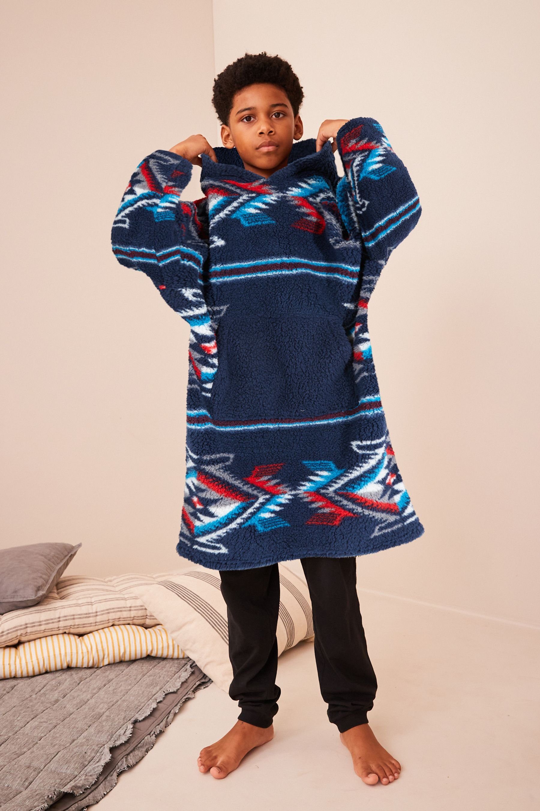 mit Next Navy Print Aztec Kapuze, Decke Polyester Kinderbademantel Blue