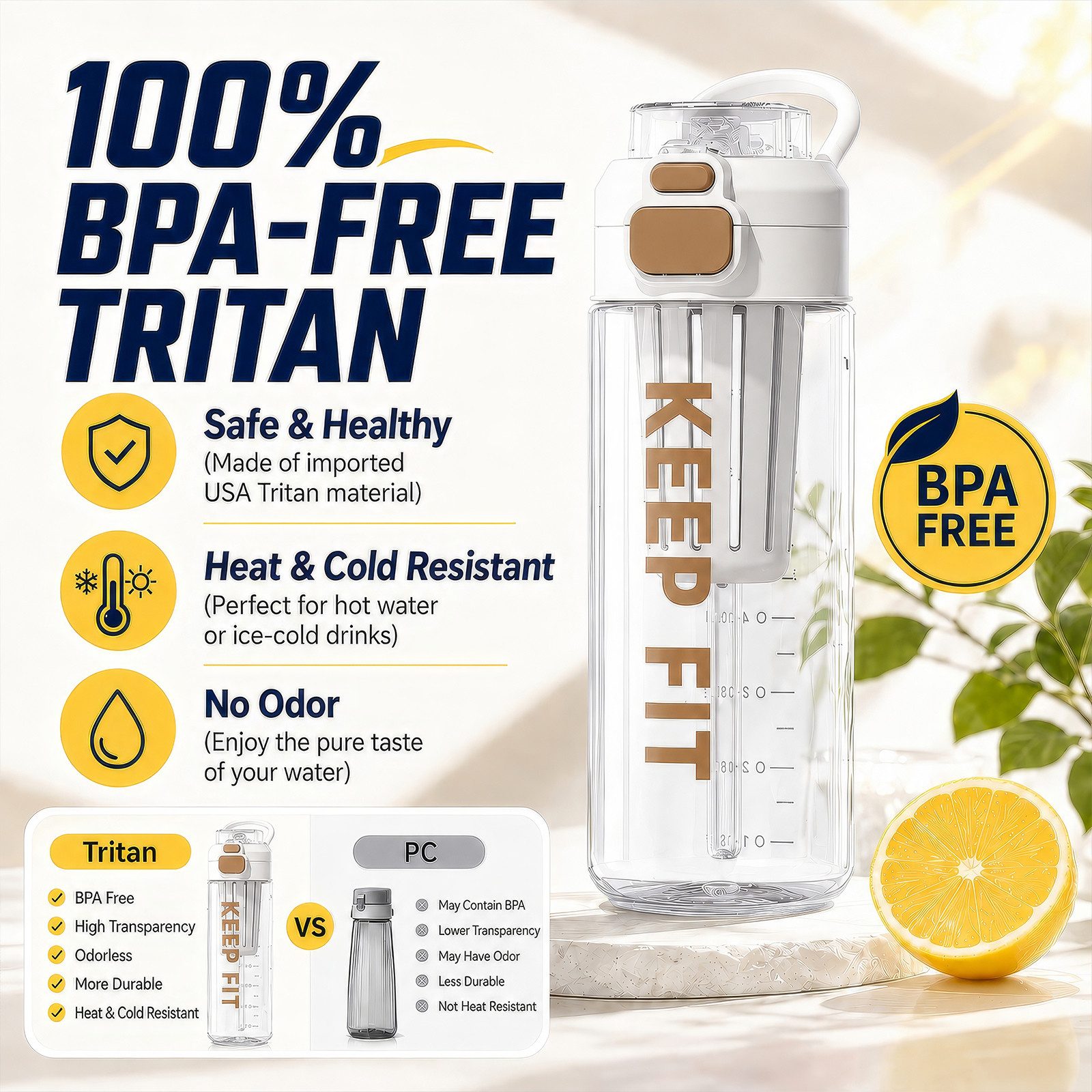 BlingBin Trinkflasche Auslaufsicher Wasserflasche 750ml, Sport Flasche mit Strohhalm, Trinkflasche mit Fruchteinsatz für Arbeit, Wandern, Yoga, Schule – Bild 3 von 5
