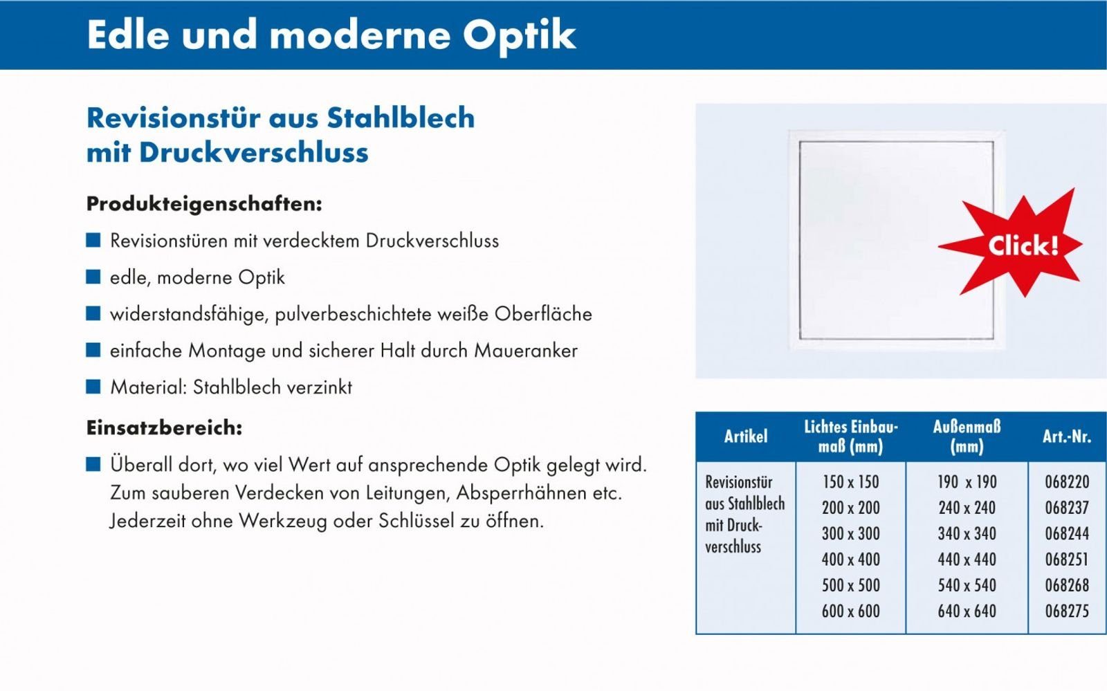 Marley Deutschland GmbH Wandfliese Revisionstür weiß beschichtet 300x300mm, Aluminium 0x0, Klappendeckel aushängbar, mit verdecktem Schnappverschluss