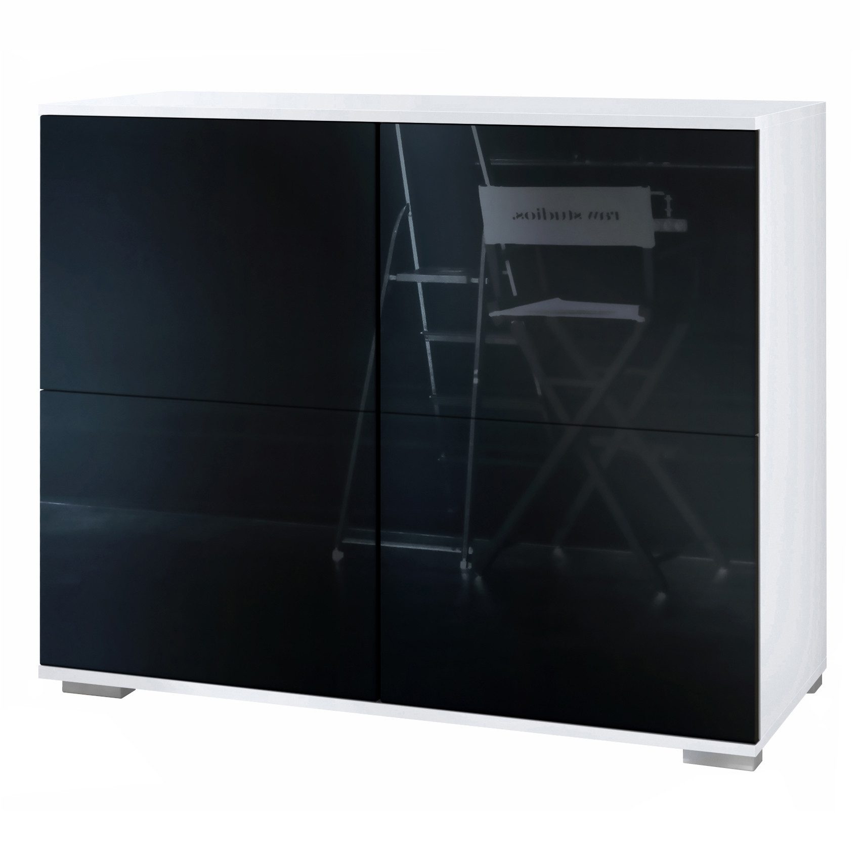 Vladon Kommode Rova V3 (Moderner Küchenschrank, mit 4 Push-to-Open Türen), Weiß matt / Schwarz Hochglanz (92,5 x 75.5 x 35)