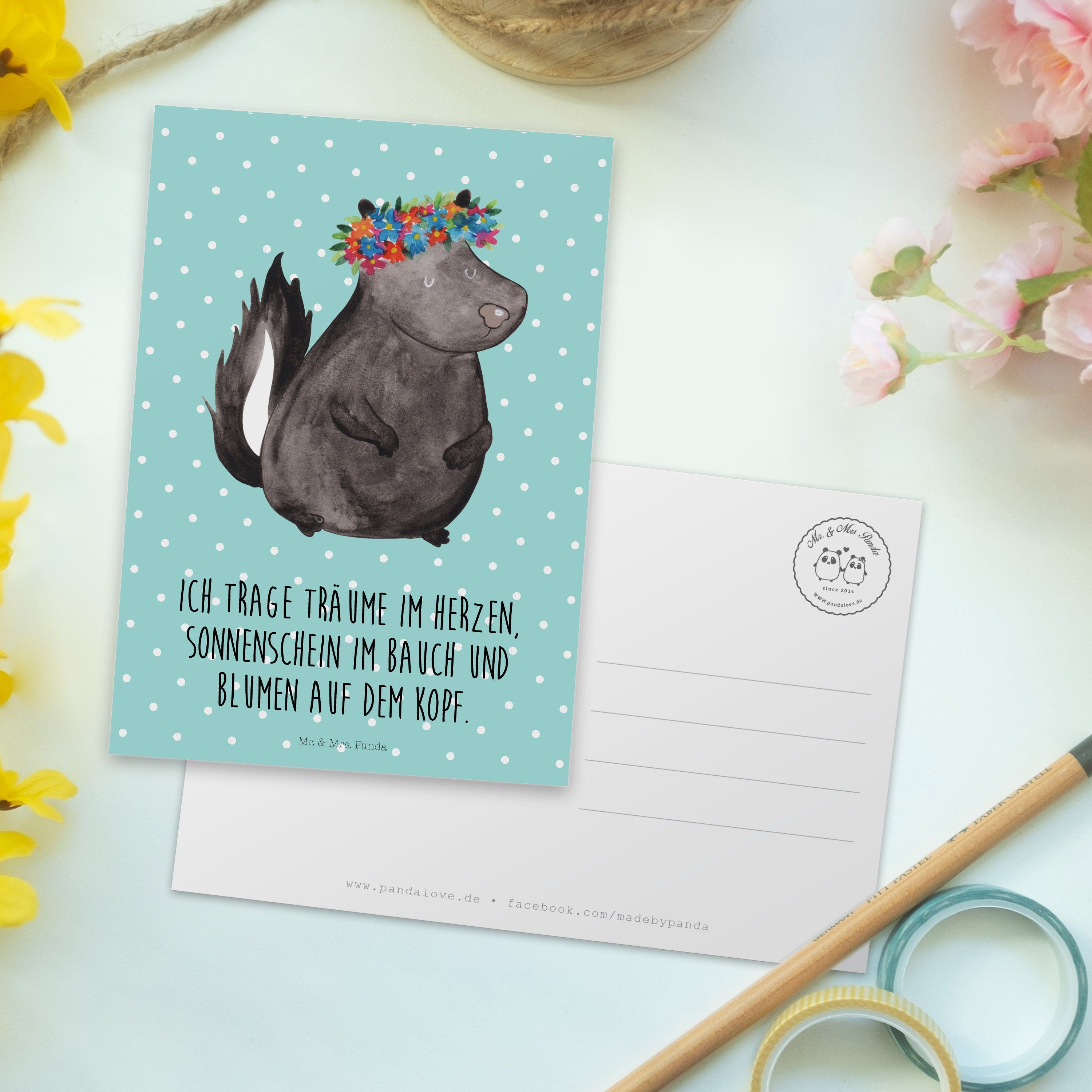 - Stinktier Blumenmaedchen - Mrs. Mr. Türkis Panda Postkarte Geschenk, Einladungskarte & Pastell