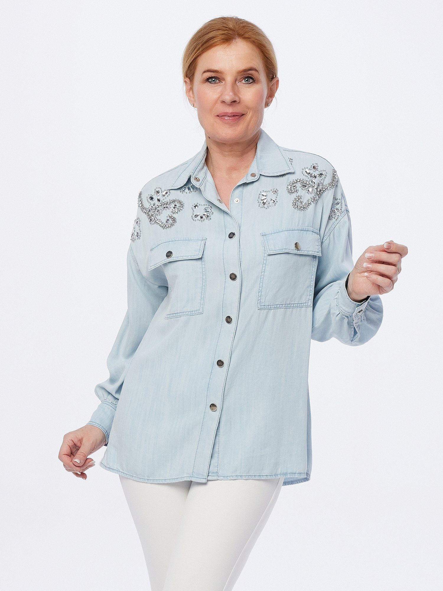 Sarah Kern Jeansbluse Hemd weit mit Zierstein-Veredlung