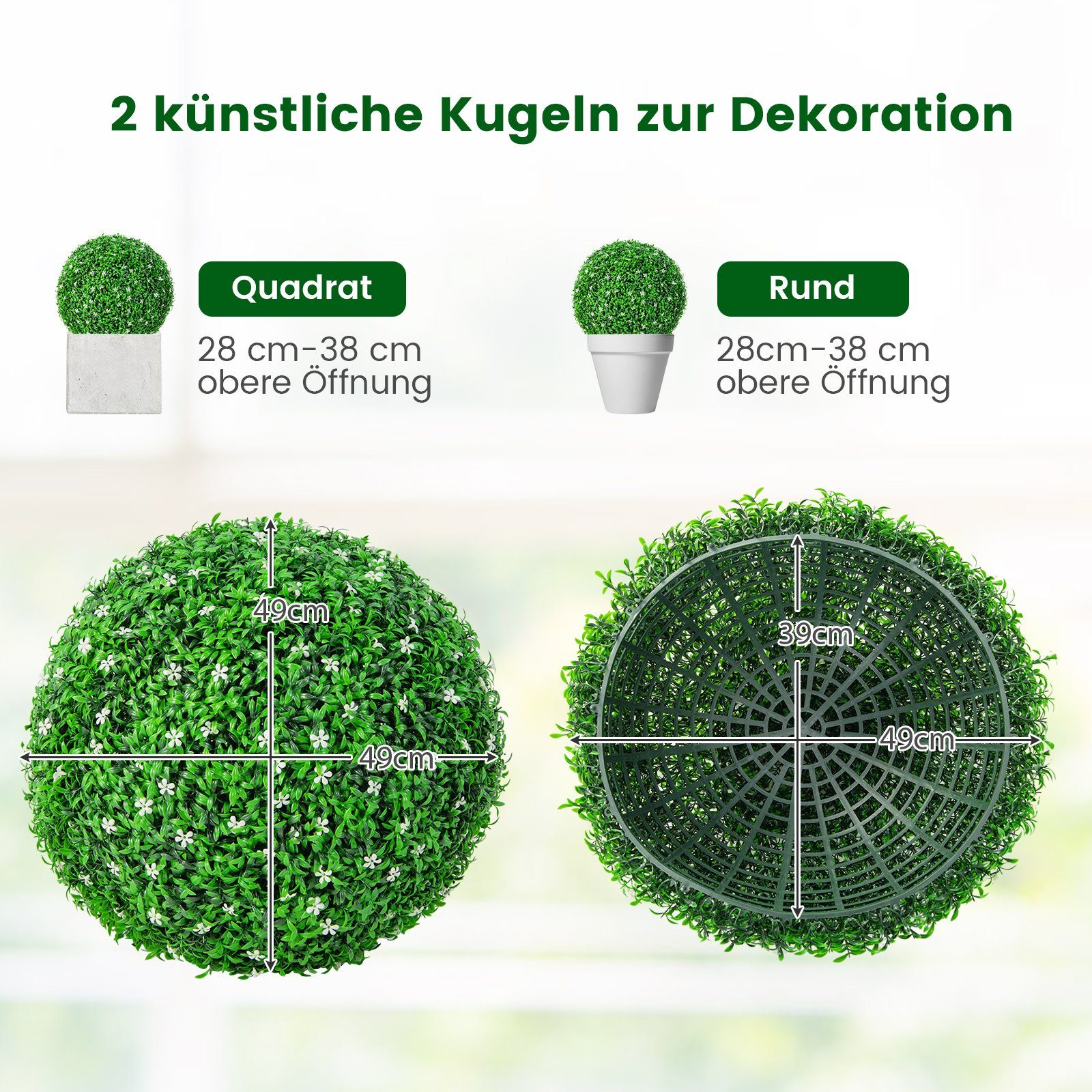 Grün Kunstpflanze 2er COSTWAY, Blüten, mit Buchsbaumkugel, Weiß Grün, 48cm, weißen