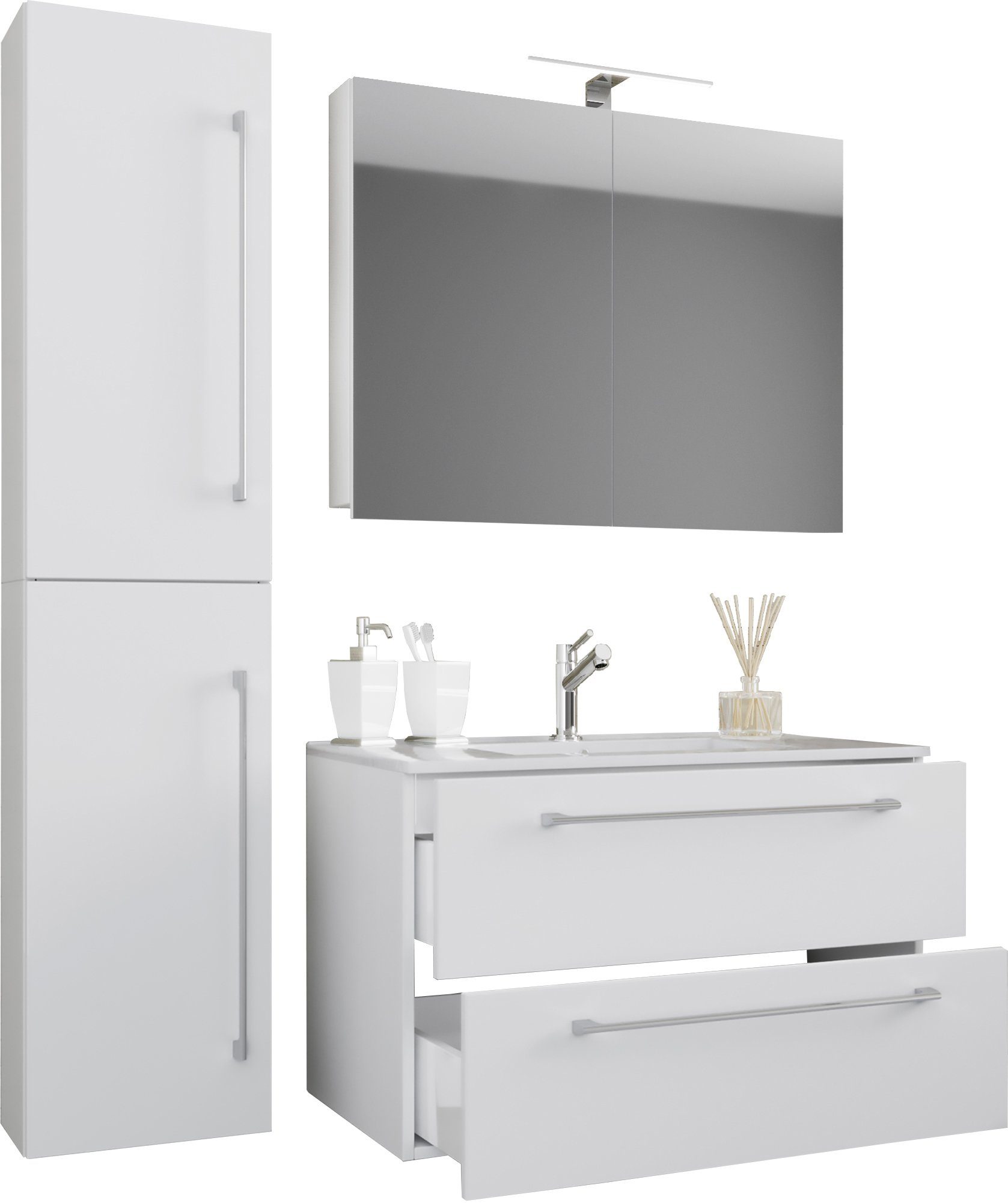 VCM Waschtisch Badinos 4er Set B. 93 x T. 46 x H. 151 cm (Set, 4-St., 1x Unterschrank 1x Waschbecken 1x Spiegelschrank 1x Hochschrank), Doppelwaschplatz mit viel Stauraum, 4 Fächer, 2 Schubladen, Drehtüren