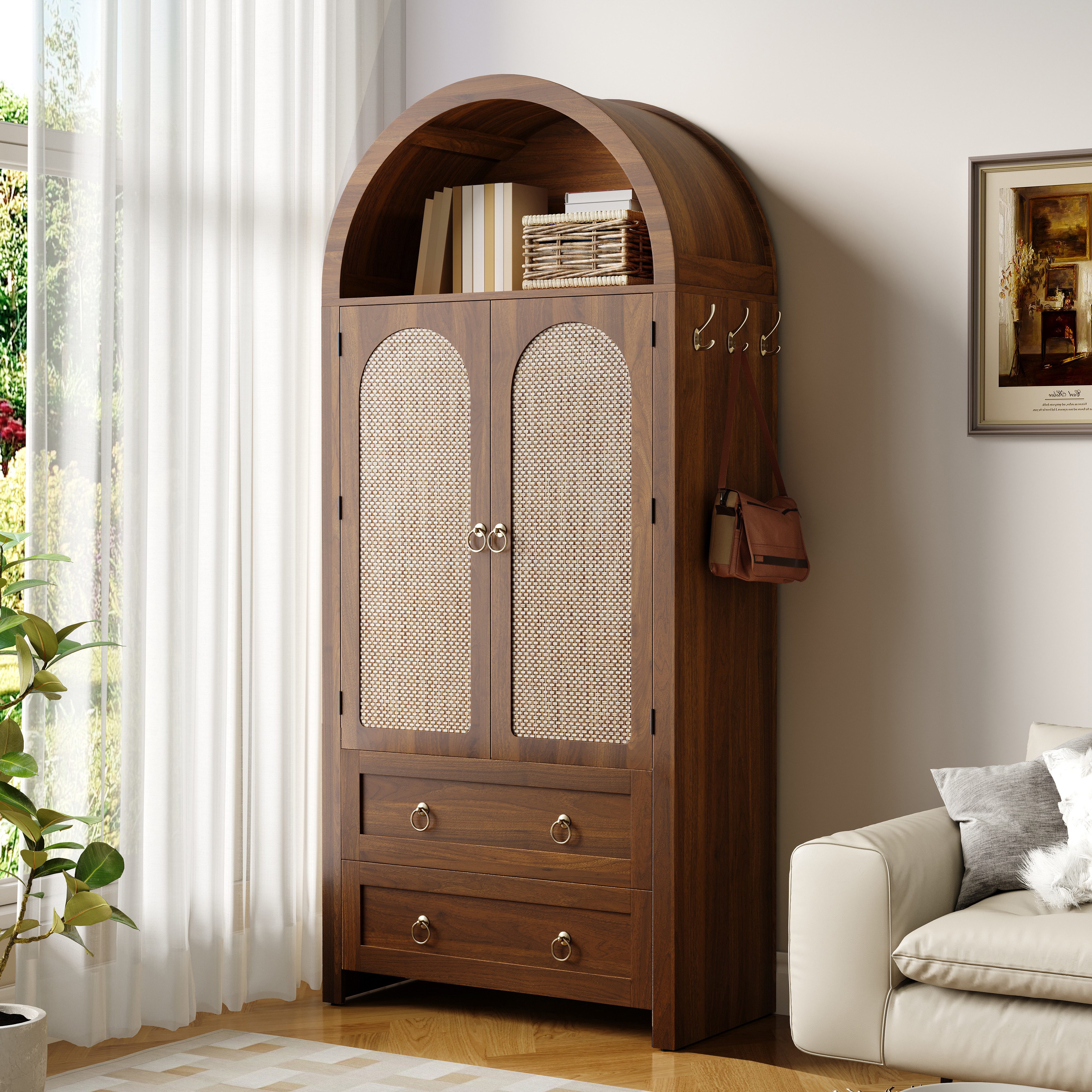 HAUSS SPOLE Kleiderschrank mit Doppelschubladen,Garderobenschrank im Korbgeflecht-Bogenstil (Garderobenschrank Mehrzweckschrank mit Metallgriff und Rattan-Geflecht Türen) Aufbewahrungsschrank mit mehrteiligen Schrankfächern