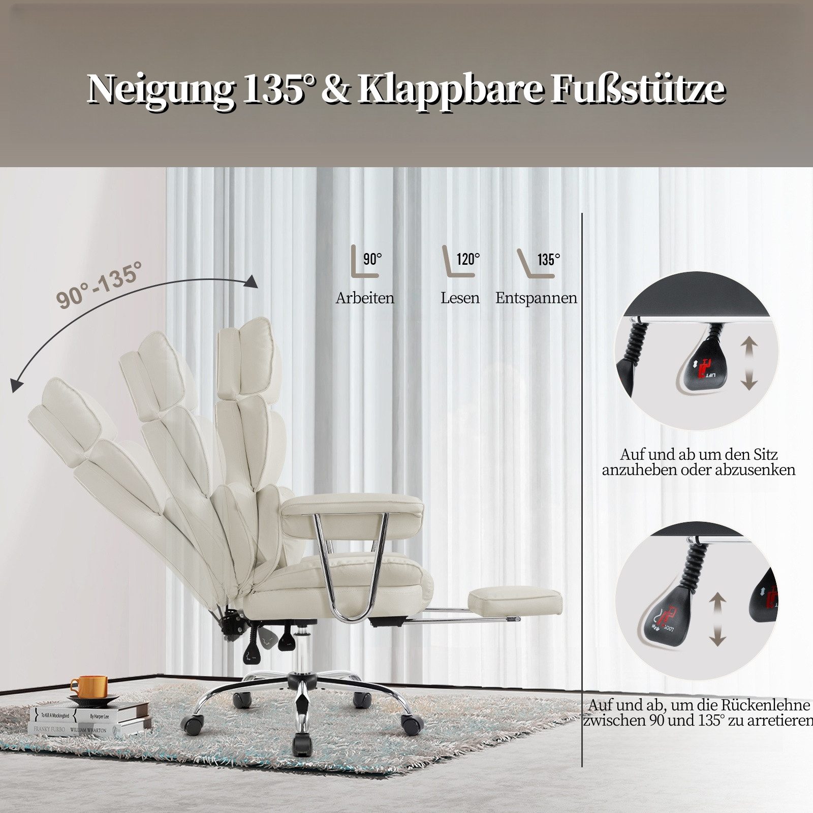 Intimate WM Heart Chefsessel Ergonomischer Bürostuhl, Höhenverstellbar Schreibtischstuhl (Gaming Stuhl mit dickem Kissen), PU-Leder Drehstuhl mit Kopfstützte un – Bild 5 von 5