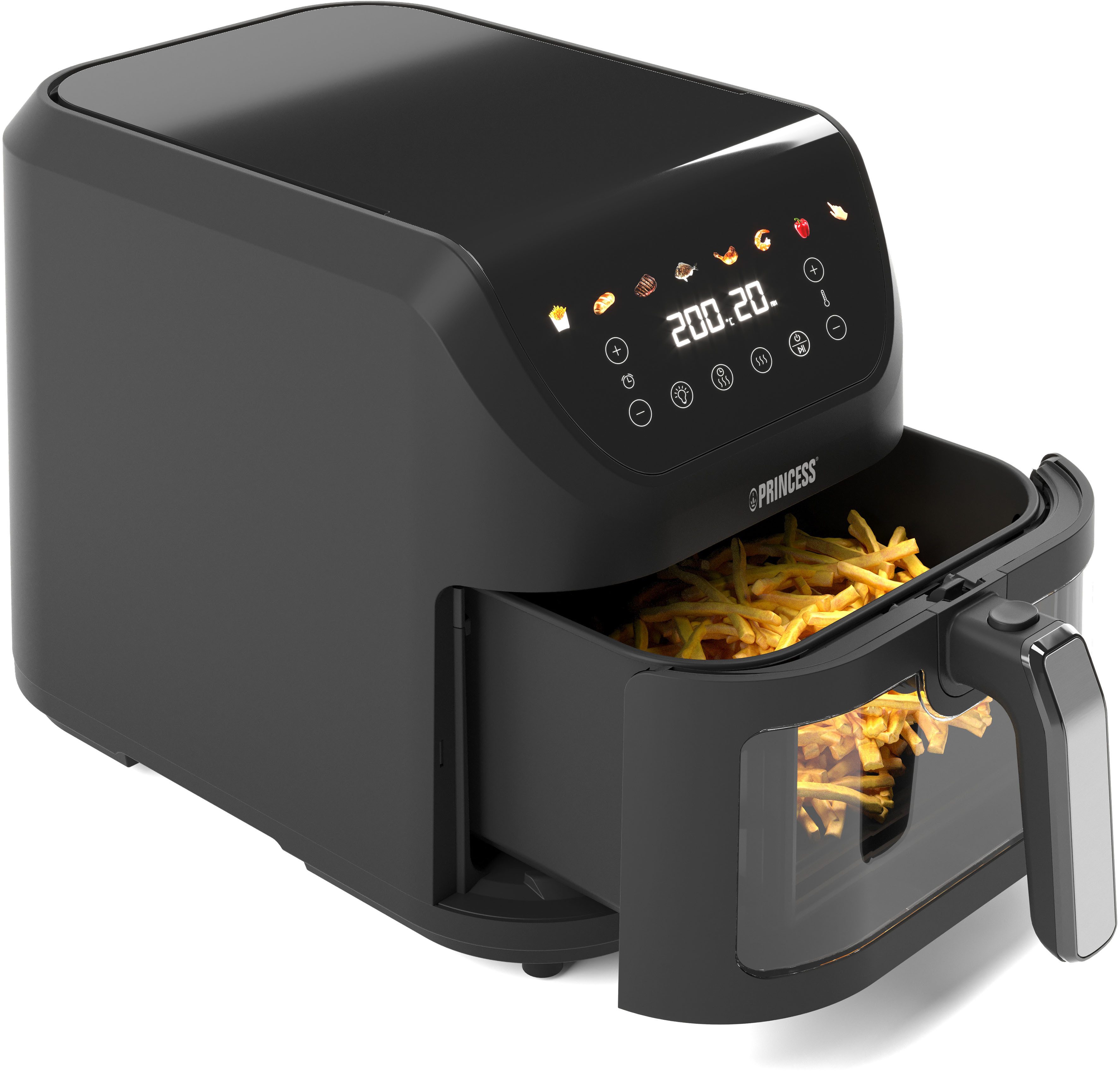 PRINCESS Heißluftfritteuse 182258 SlimFry Airfryer, 2000 W, 8 L, platzsparendes Design, fettfreie Kochtechn., 8 Progr., 55dB leise