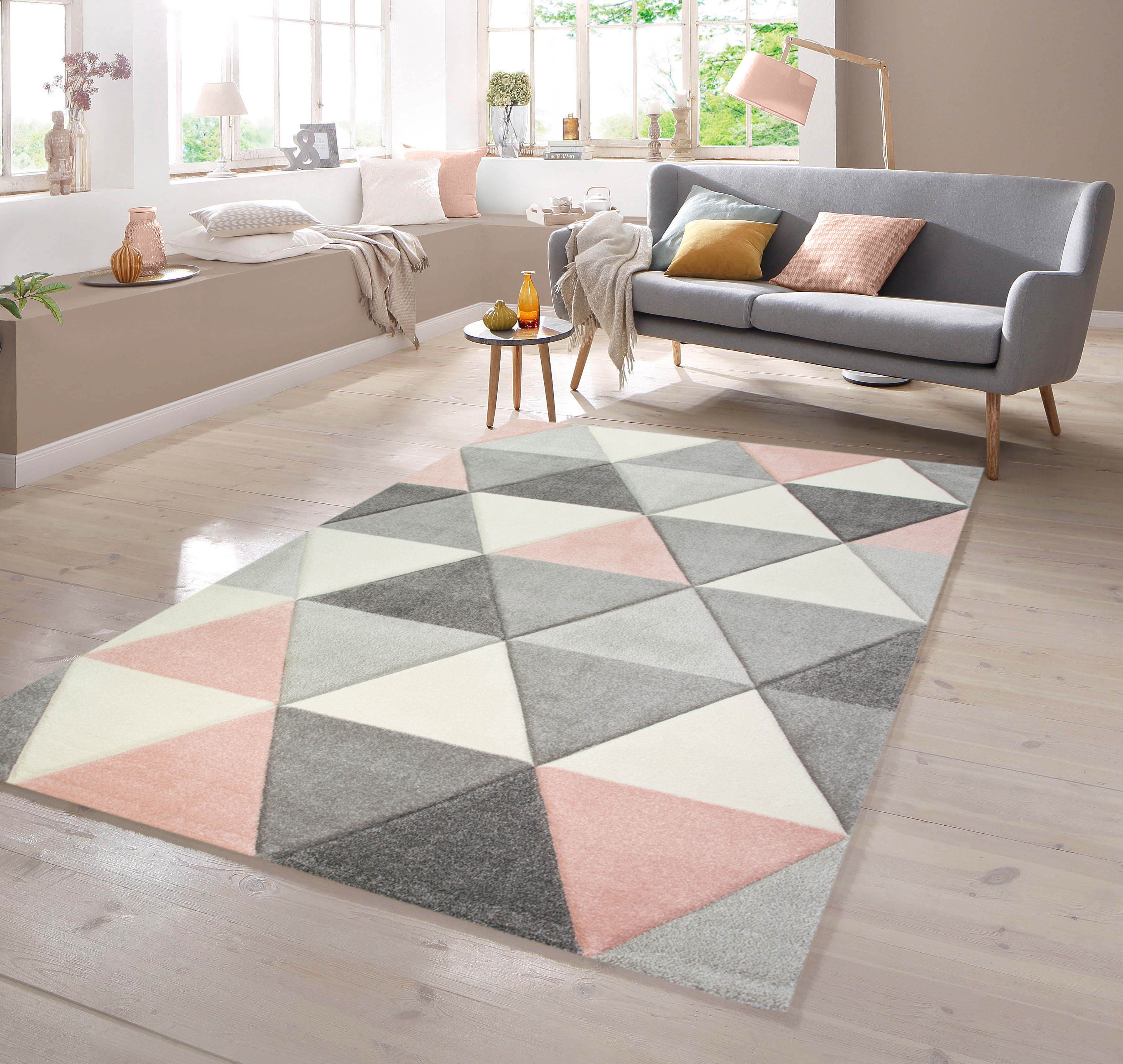 Teppich Teppich mit Dreieck Muster in Rosa Grau Creme, TeppichHome24, rechteckig