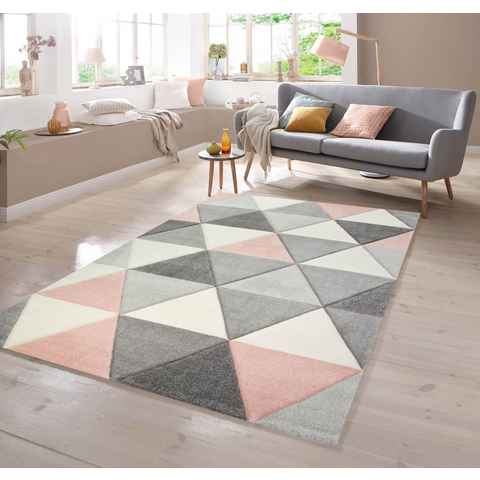 Teppich Teppich mit Dreieck Muster in Rosa Grau Creme, TeppichHome24, rechteckig