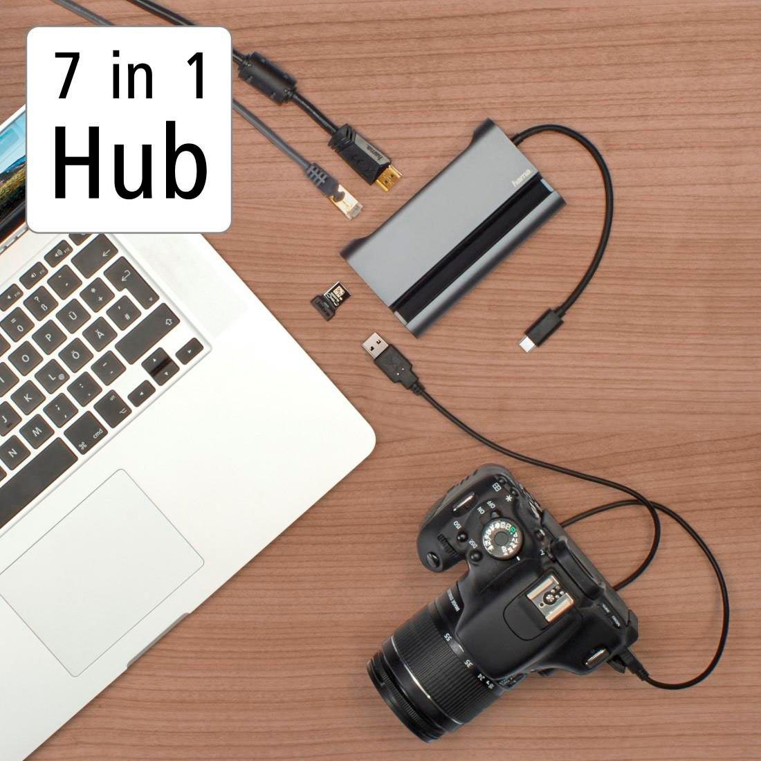 Hama USB-C-Hub 7 Ports VGA HDMI, USB-Adapter USB-C zu 3x Multiport-Adapter C, RJ-45 cm (Ethernet), USB USB USB-C VGA, 15 A, Typ USB-A Typ HDMI™LAN