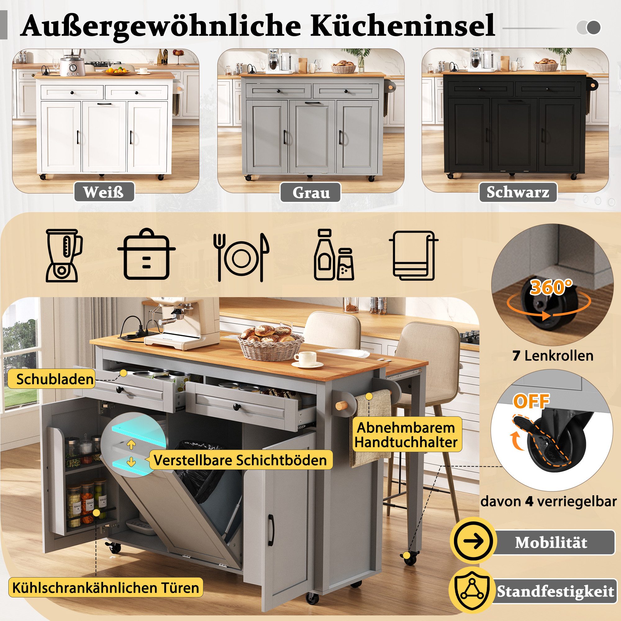 Odikalo Kücheninsel Essmobile Ausziehbar Essbereich Arbeitsplatte Abfallbehalt Mehrfarbig – Bild 5 von 5